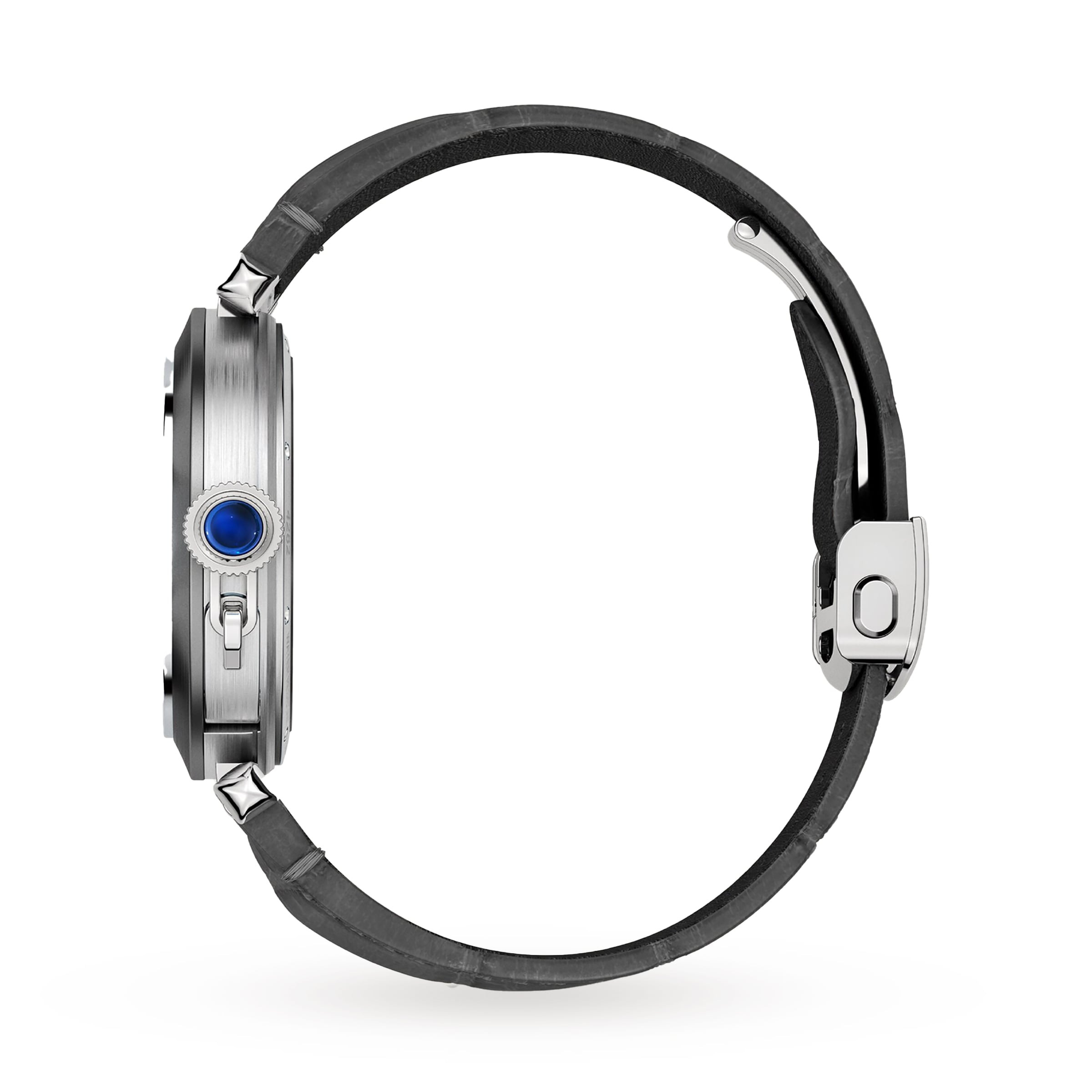 Side view of the Cartier Pasha de Cartier Skeleton watch featuring a metal case, blue crown, and black leather strap with metal clasp, showcasing its refined skeleton design and intricate mechanical movement against a white background.