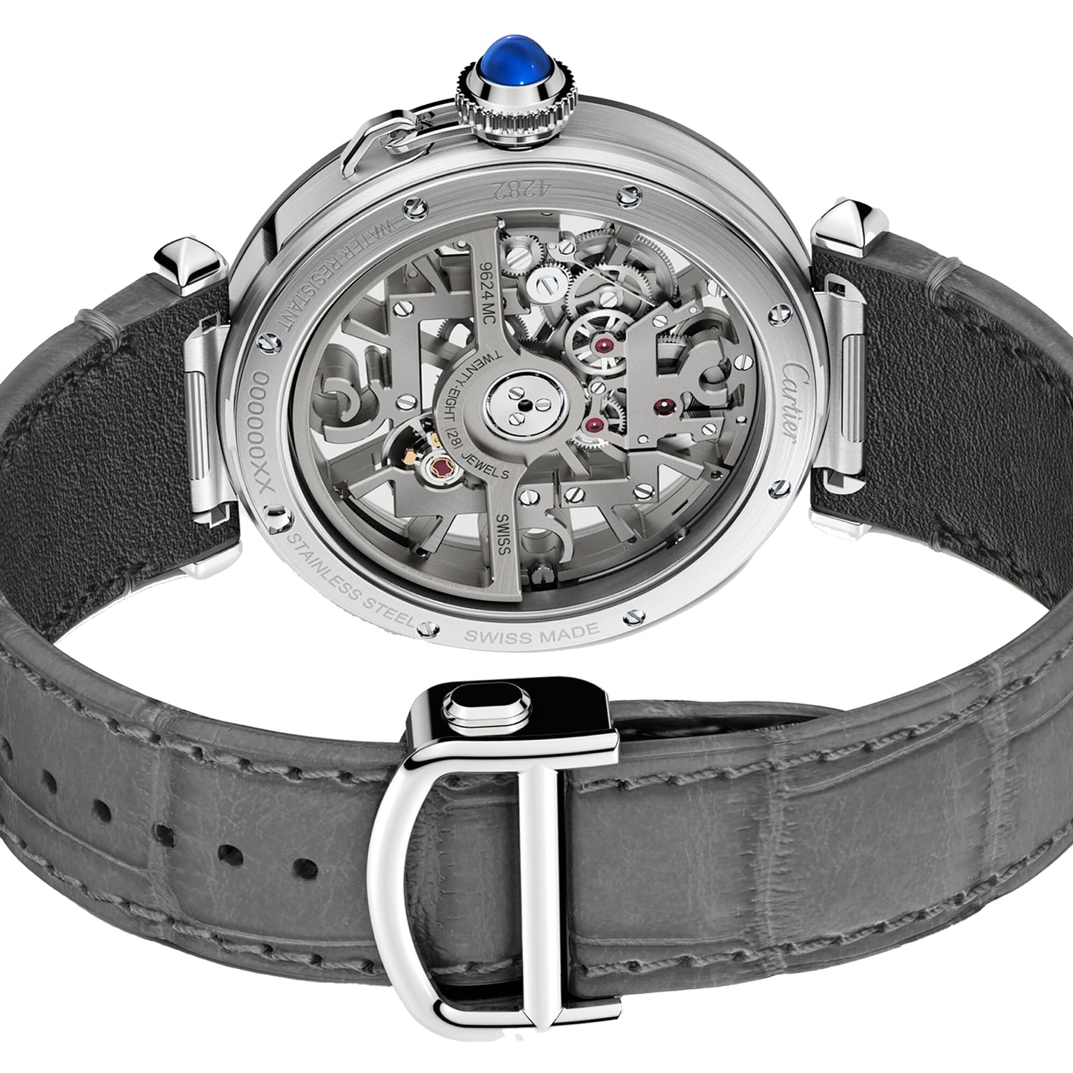 A detailed view of the Pasha de Cartier Skeleton by Cartier showcases its transparent case back, revealing the intricate skeleton mechanical movement and stylish grey leather strap.