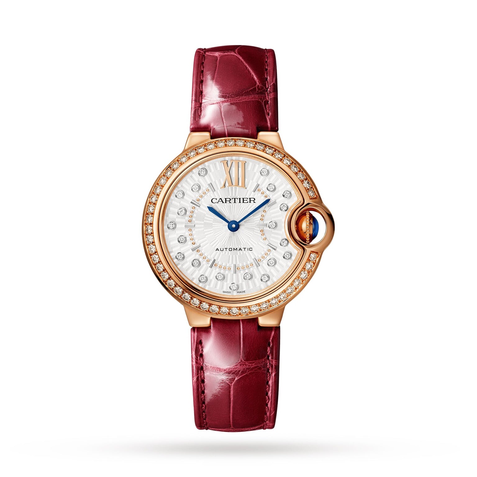 The Ballon Bleu de Cartier by Cartier features a diamond-set bezel, white dial with diamond hour markers, rose gold case, and a burgundy leather strap, displayed against a white background.