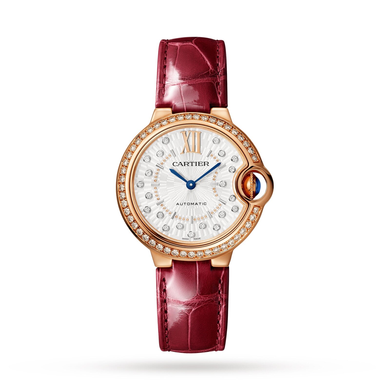 The Ballon Bleu de Cartier by Cartier features a diamond-set bezel, white dial with diamond hour markers, rose gold case, and a burgundy leather strap, displayed against a white background.