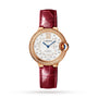 The Ballon Bleu de Cartier by Cartier features a diamond-set bezel, white dial with diamond hour markers, rose gold case, and a burgundy leather strap, displayed against a white background.