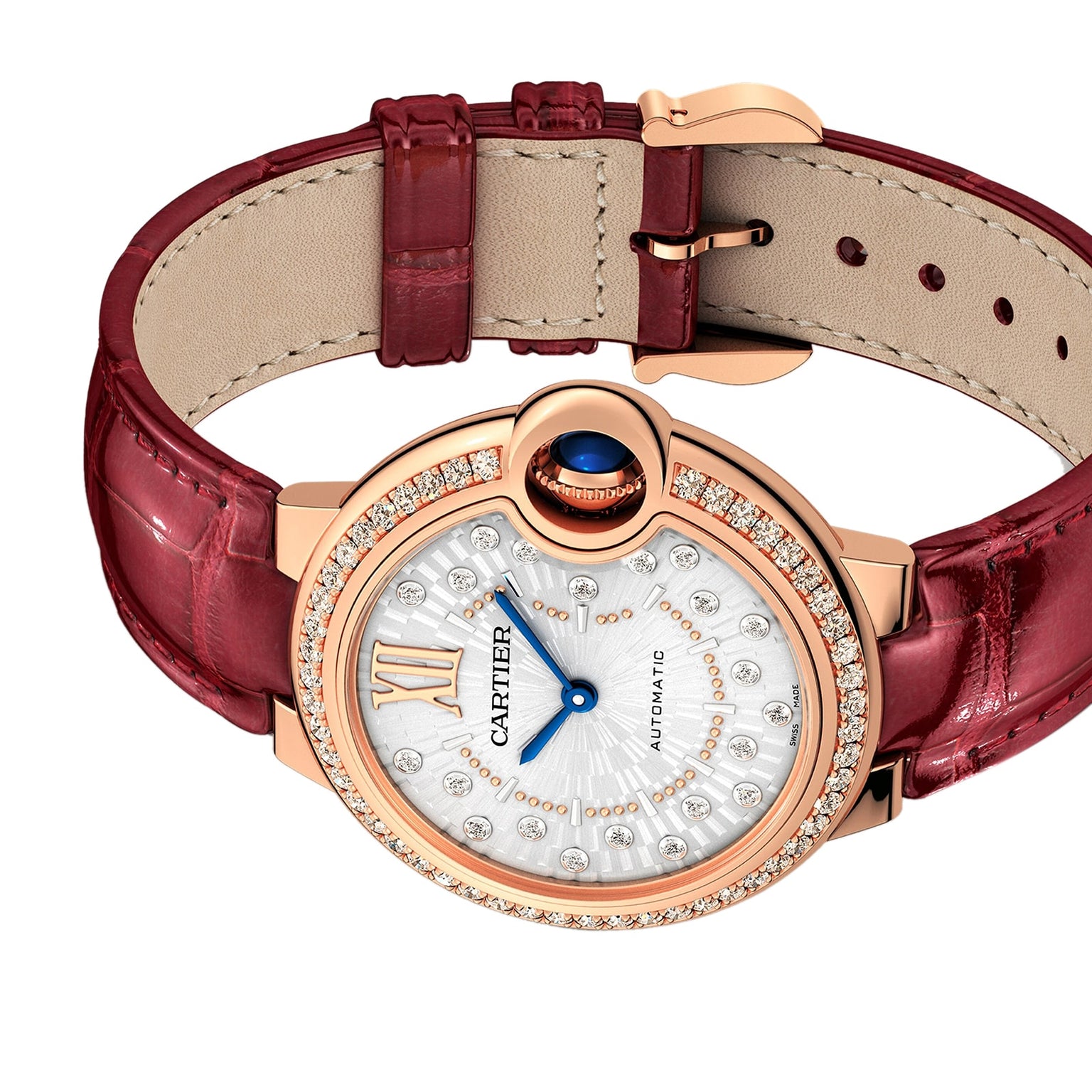 The Ballon Bleu de Cartier by Cartier features a rose gold case, red leather strap, diamond-set bezel, and a white dial with Roman numerals and diamond hour markers.