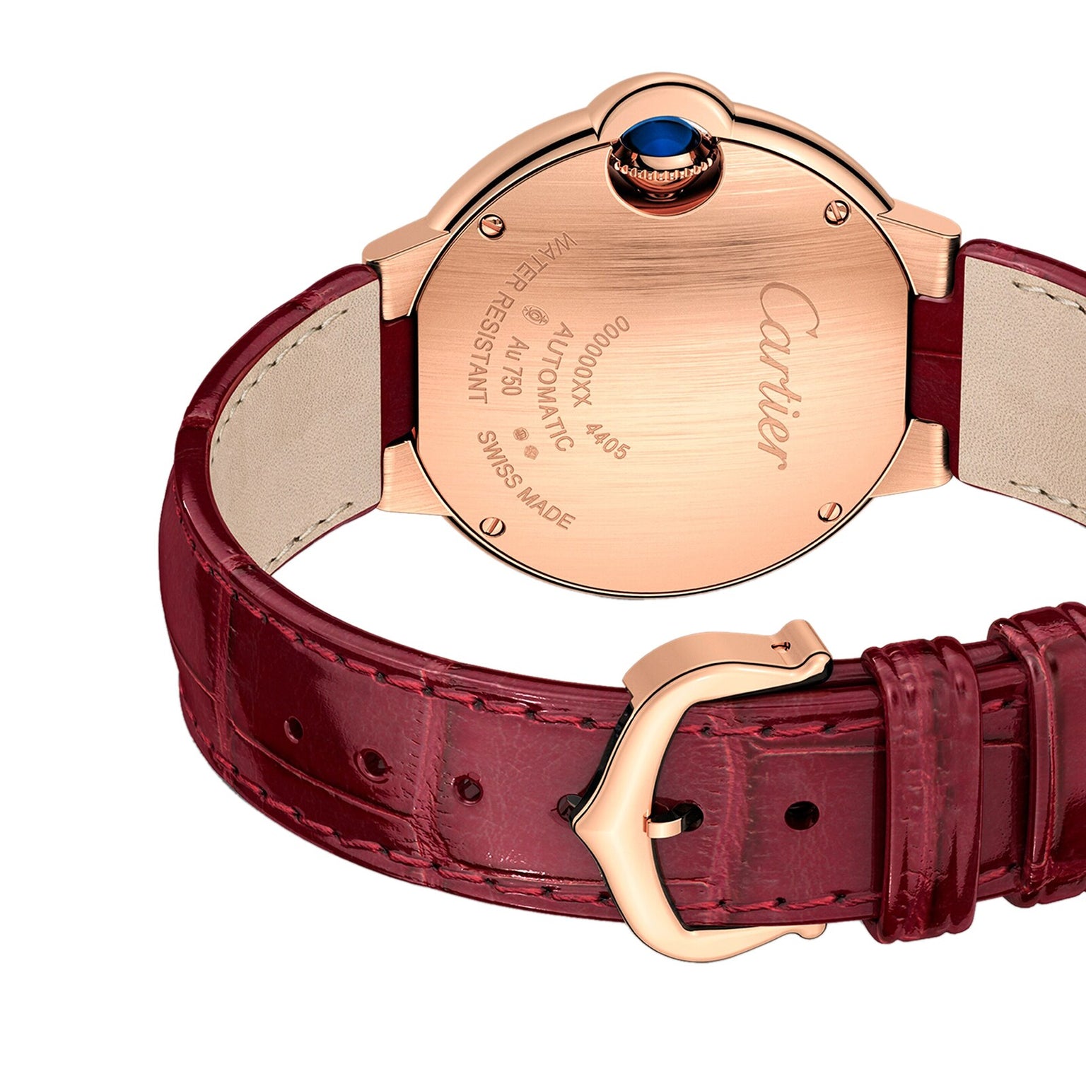 A close-up of the Ballon Bleu de Cartier by Cartier shows its rose gold case, red leather strap, and engraved details for model, water resistance, and Swiss Made—an elegant watch that shines even without diamonds.