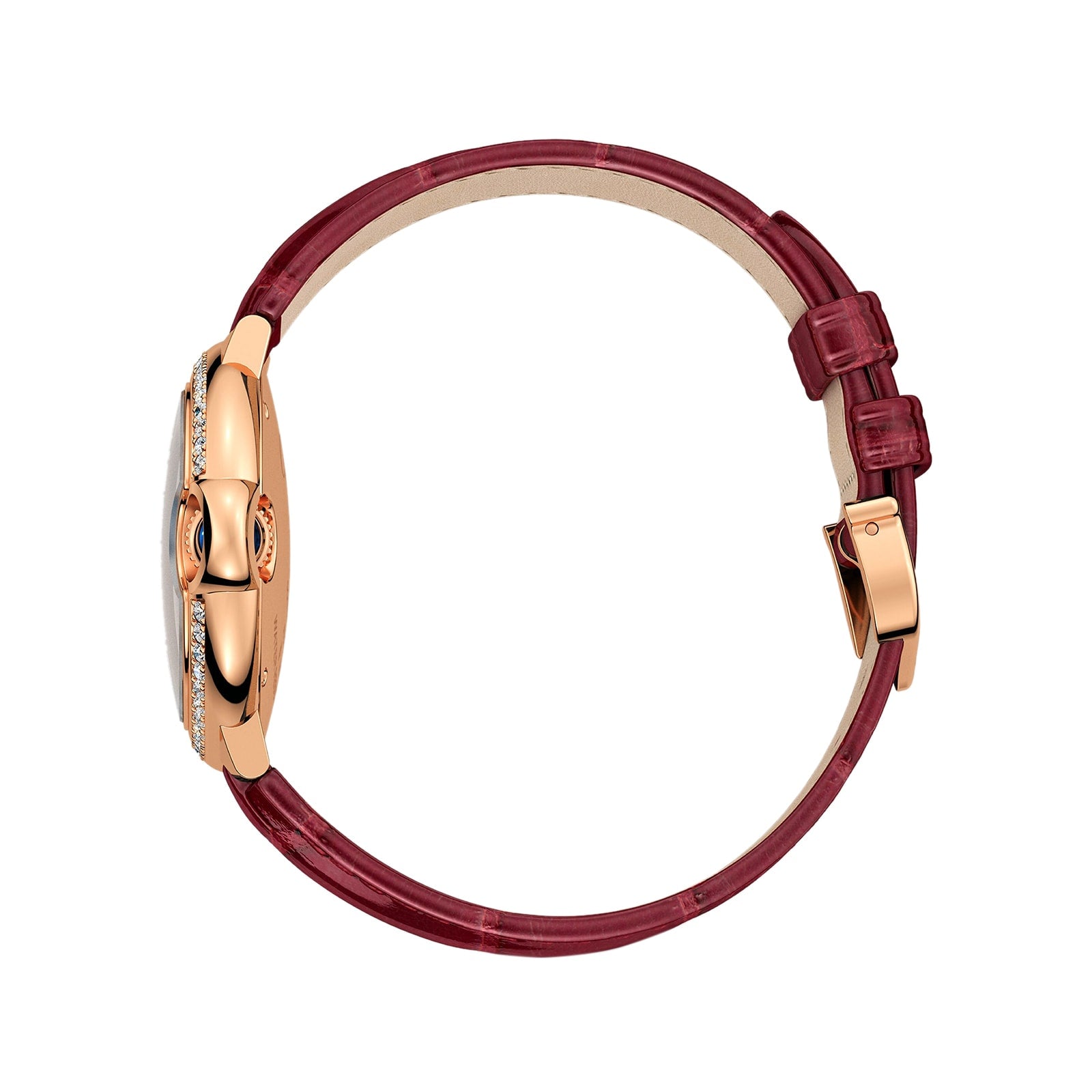 Side view of the Ballon Bleu de Cartier watch by Cartier, showcasing a rose gold case, diamond accents, and a burgundy leather strap with a buckle clasp.