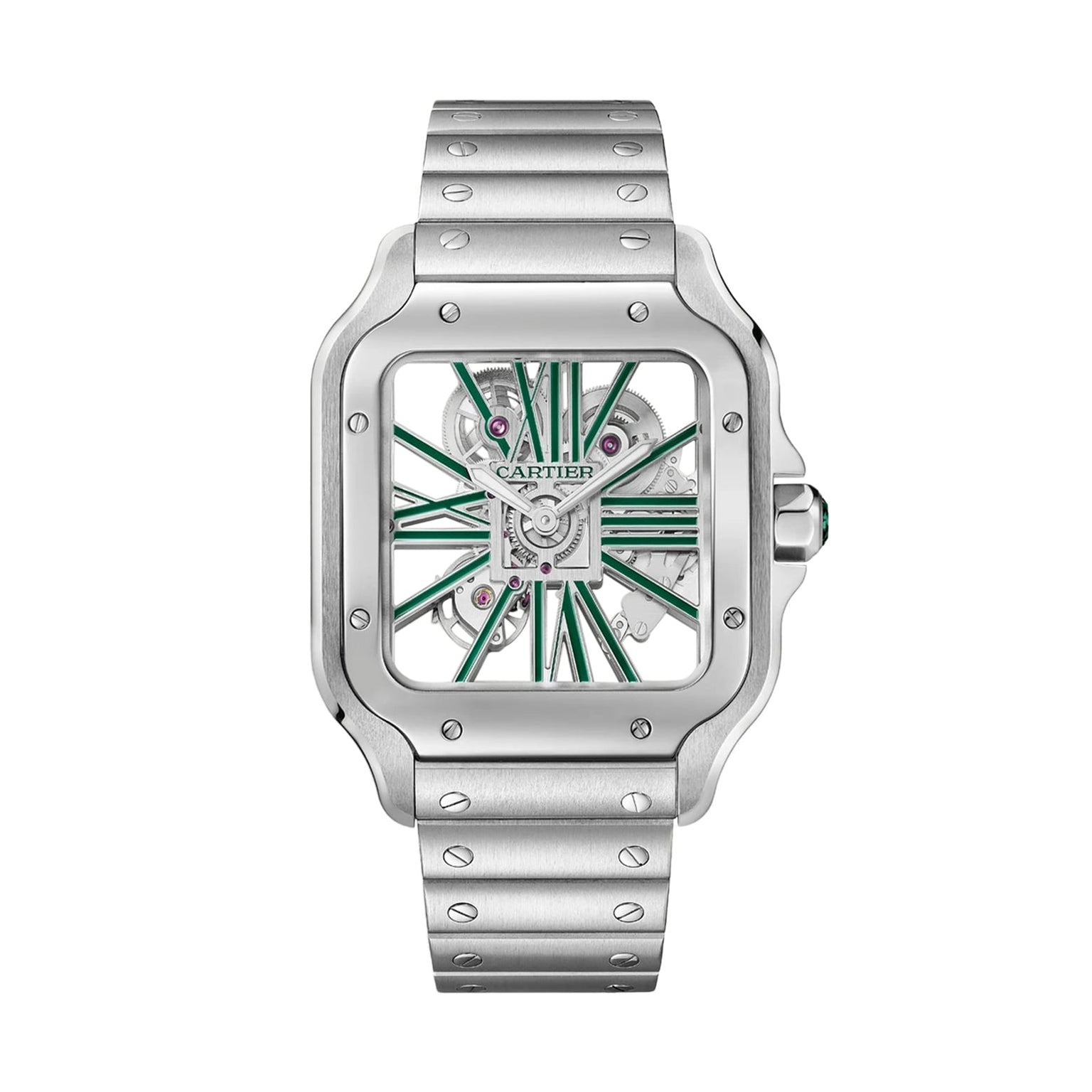 The Cartier Santos de Cartier Skeleton watch features a green skeleton dial, exposed mechanical movement, signature square case, and a stylish metal bracelet.