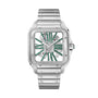 The Cartier Santos de Cartier Skeleton watch features a green skeleton dial, exposed mechanical movement, signature square case, and a stylish metal bracelet.