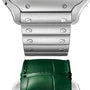 Close-up of the Santos de Cartier Skeleton by Cartier, showcasing a silver metal bracelet with visible screws above a green leather strap on the same case—emphasizing its refined style and mechanical movement.