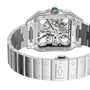 The Cartier Santos de Cartier Skeleton is a stainless steel luxury watch featuring a skeleton dial, metal bracelet, visible mechanical movement, intricate gears, and the Cartier logo engraved on the clasp.
