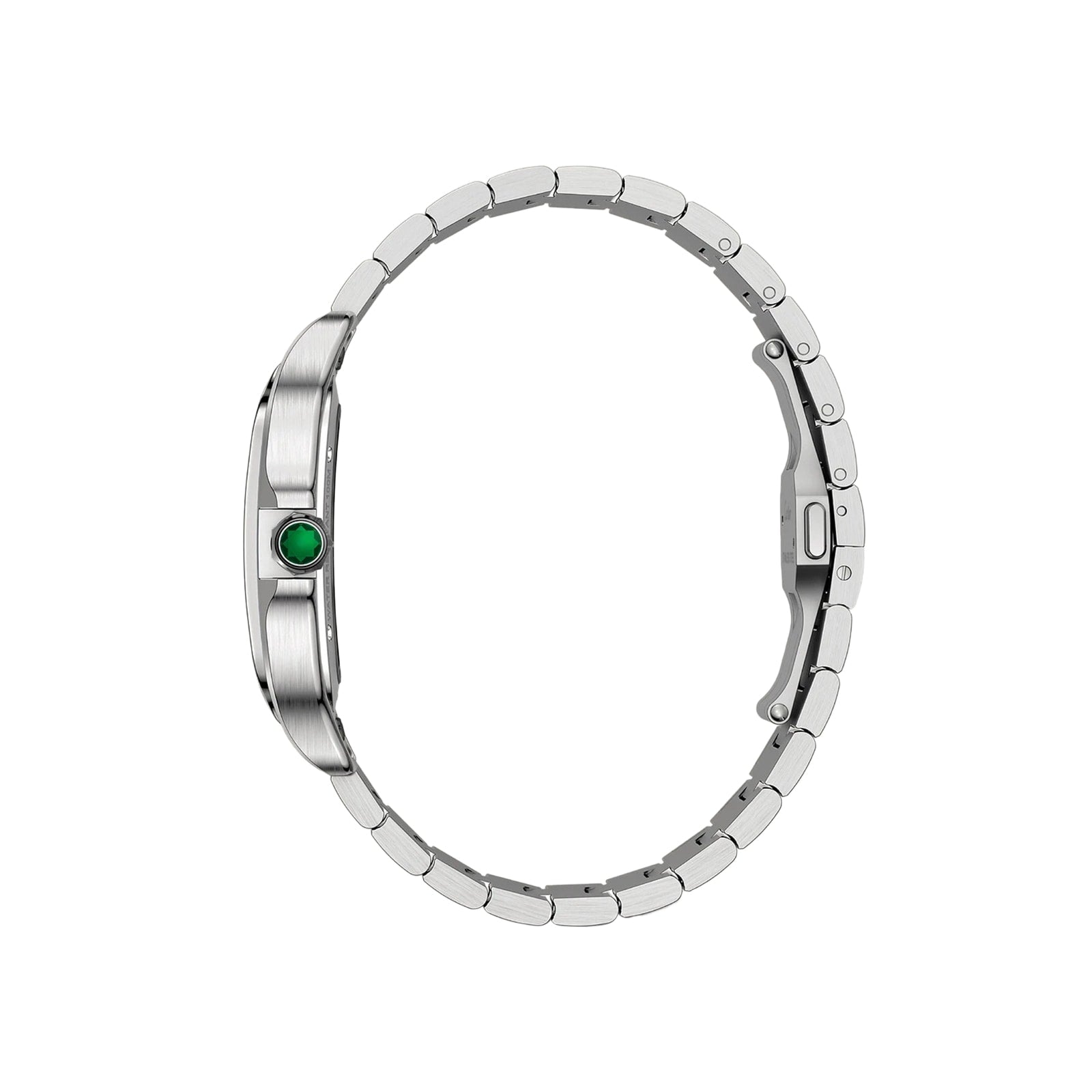 Side view of a silver metal Cartier Santos de Cartier Skeleton wristwatch with a green crown, showing the clasp and links against a white background.