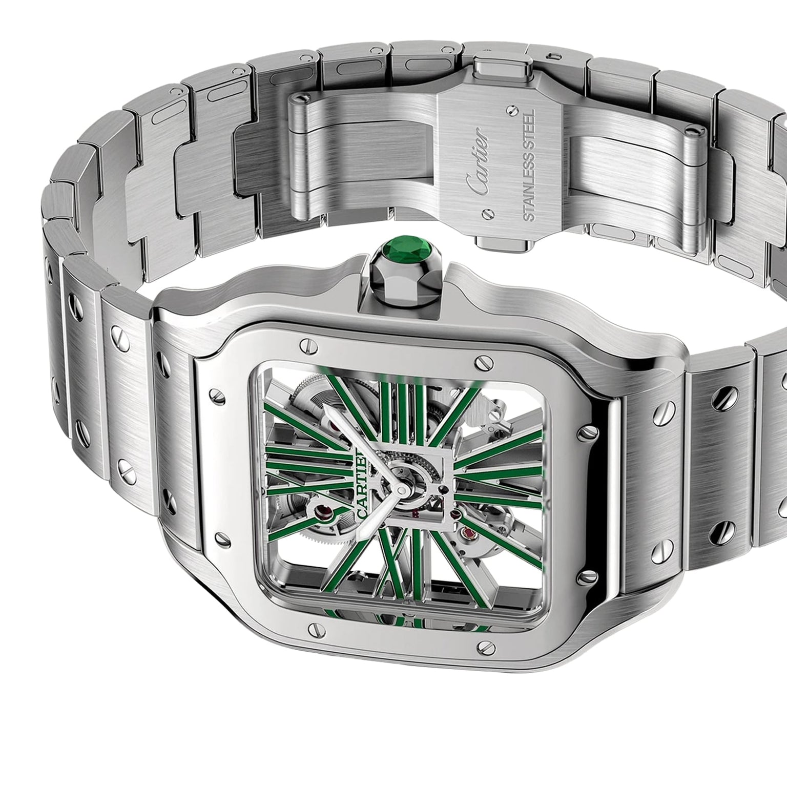 The Cartier Santos de Cartier Skeleton is a stainless steel wristwatch with a square bezel, skeleton dial featuring green accents, an emerald cabochon crown, and precise mechanical movement.