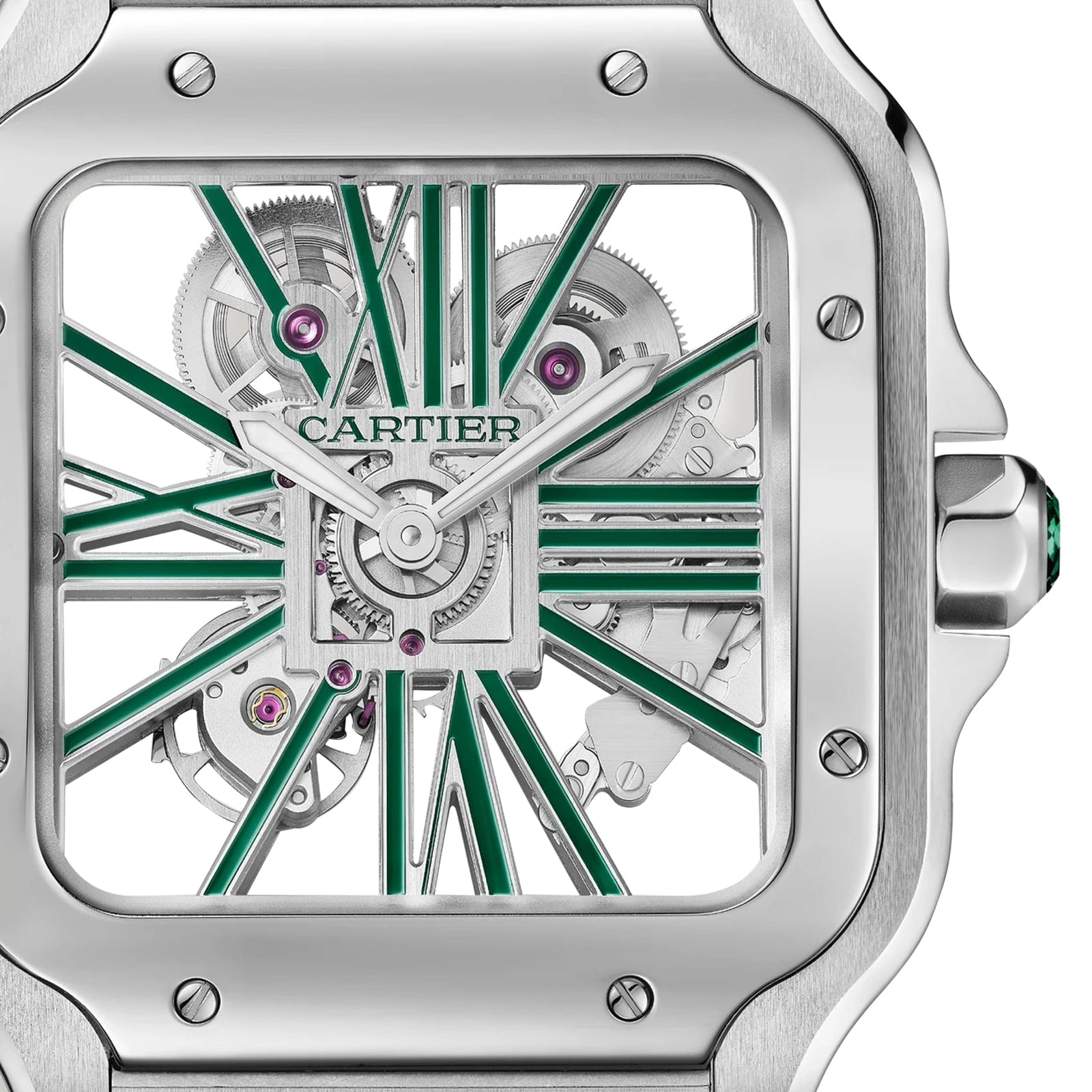 Close-up of the Santos de Cartier Skeleton watch by Cartier, featuring a square case, exposed gears, and green Roman numeral hour markers on its bold skeleton dial.