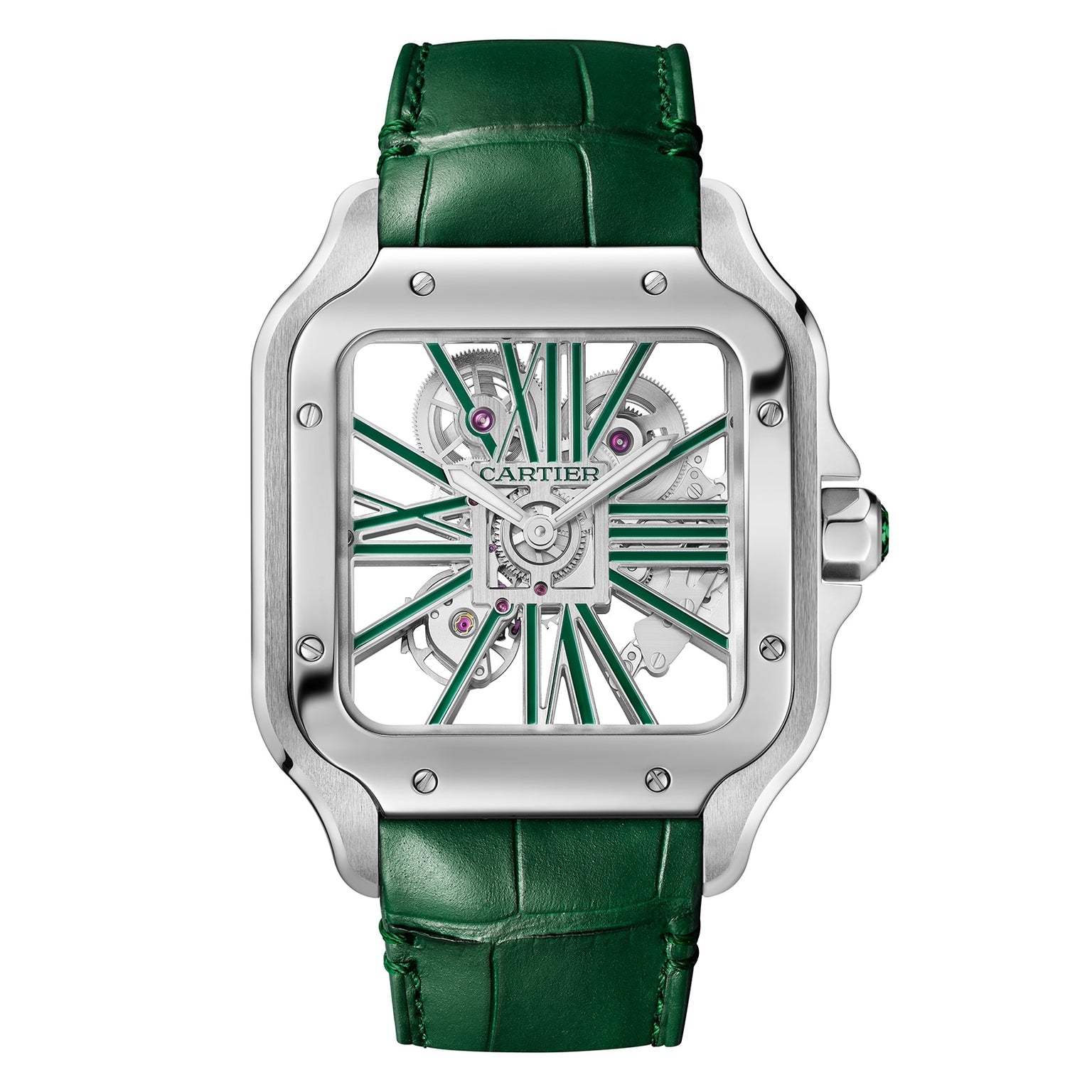The Cartier Santos de Cartier Skeleton features a square silver case, green skeleton dial revealing the mechanical movement, and a coordinating green leather strap.