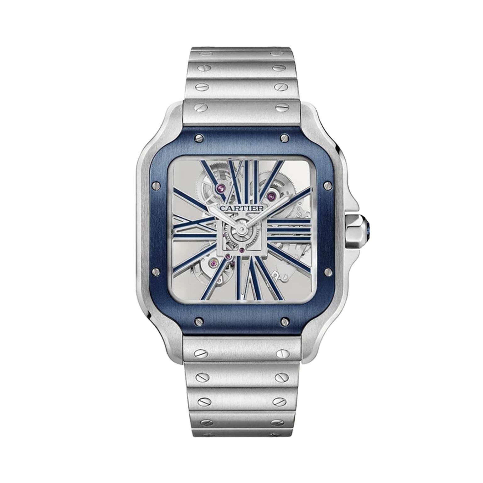 The Santos de Cartier Skeleton watch by Cartier features a silver metal band, blue bezel, exposed skeleton dial showcasing its Manufacture mechanical movement, and elegant Roman numeral markers.