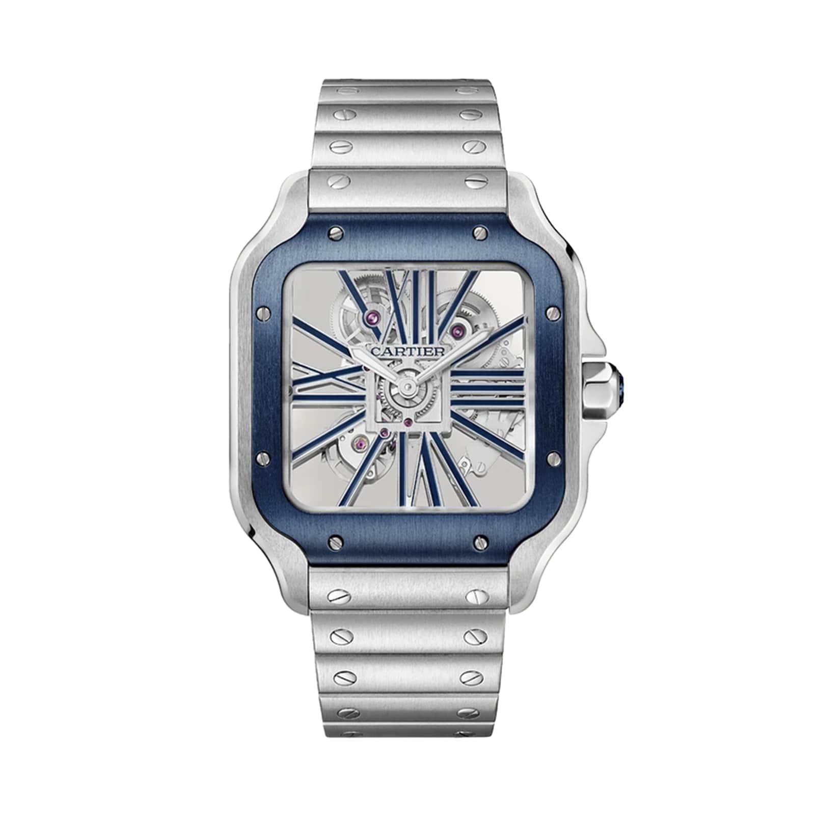 The Santos de Cartier Skeleton watch by Cartier features a silver metal band, blue bezel, exposed skeleton dial showcasing its Manufacture mechanical movement, and elegant Roman numeral markers.