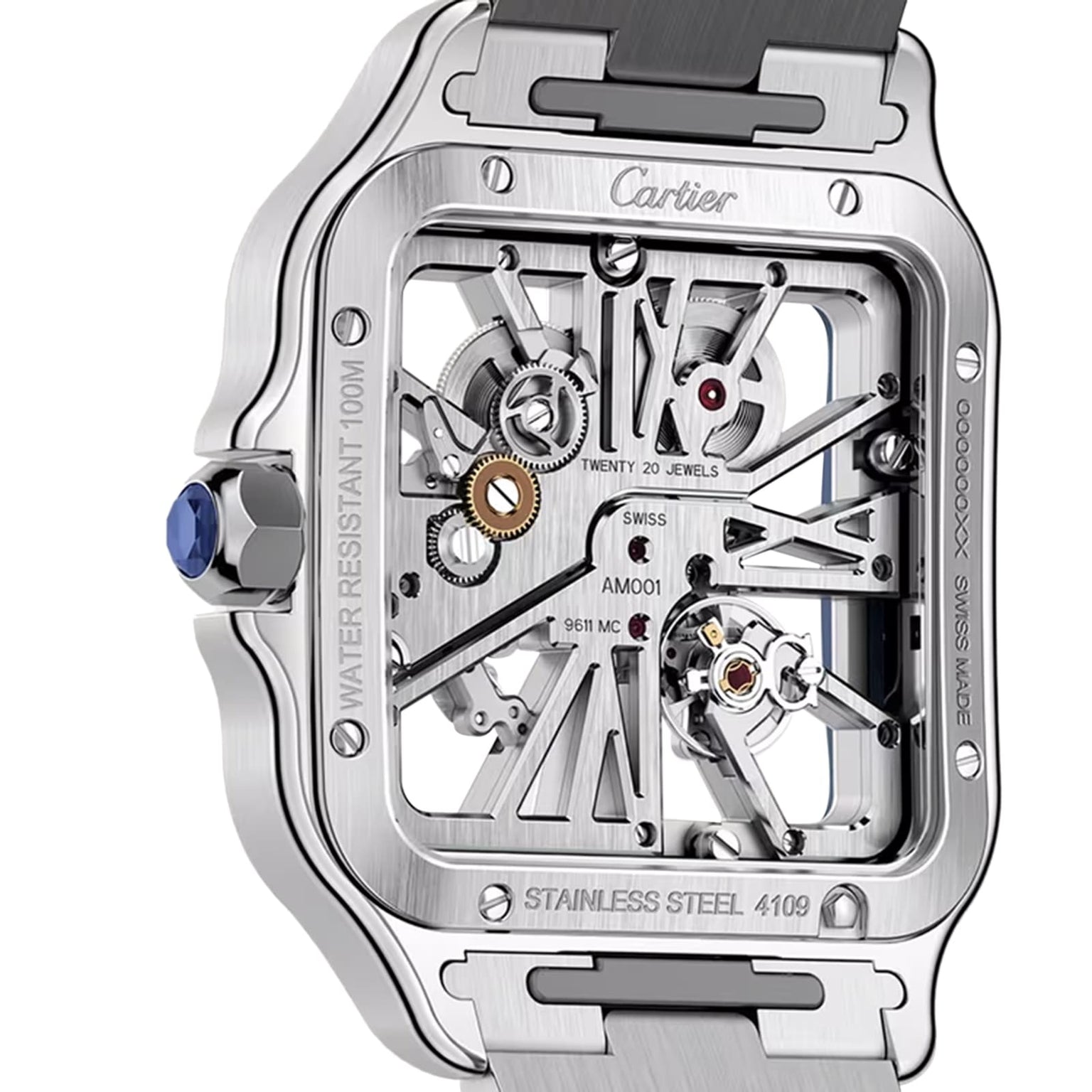 Close-up of the Santos de Cartier Skeleton watch, showcasing its exposed gears, engraved details, and blue crown—highlighting Cartiers precision mechanical craftsmanship.