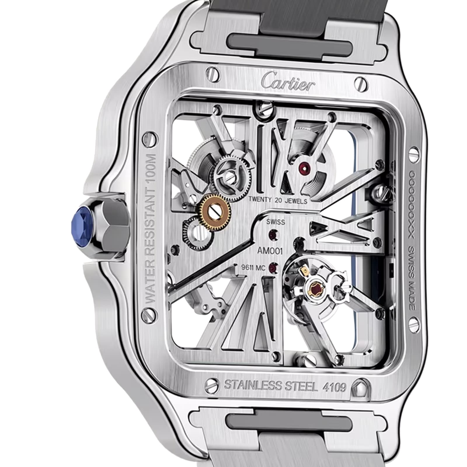 Close-up of the Santos de Cartier Skeleton watch, showcasing its exposed gears, engraved details, and blue crown—highlighting Cartiers precision mechanical craftsmanship.