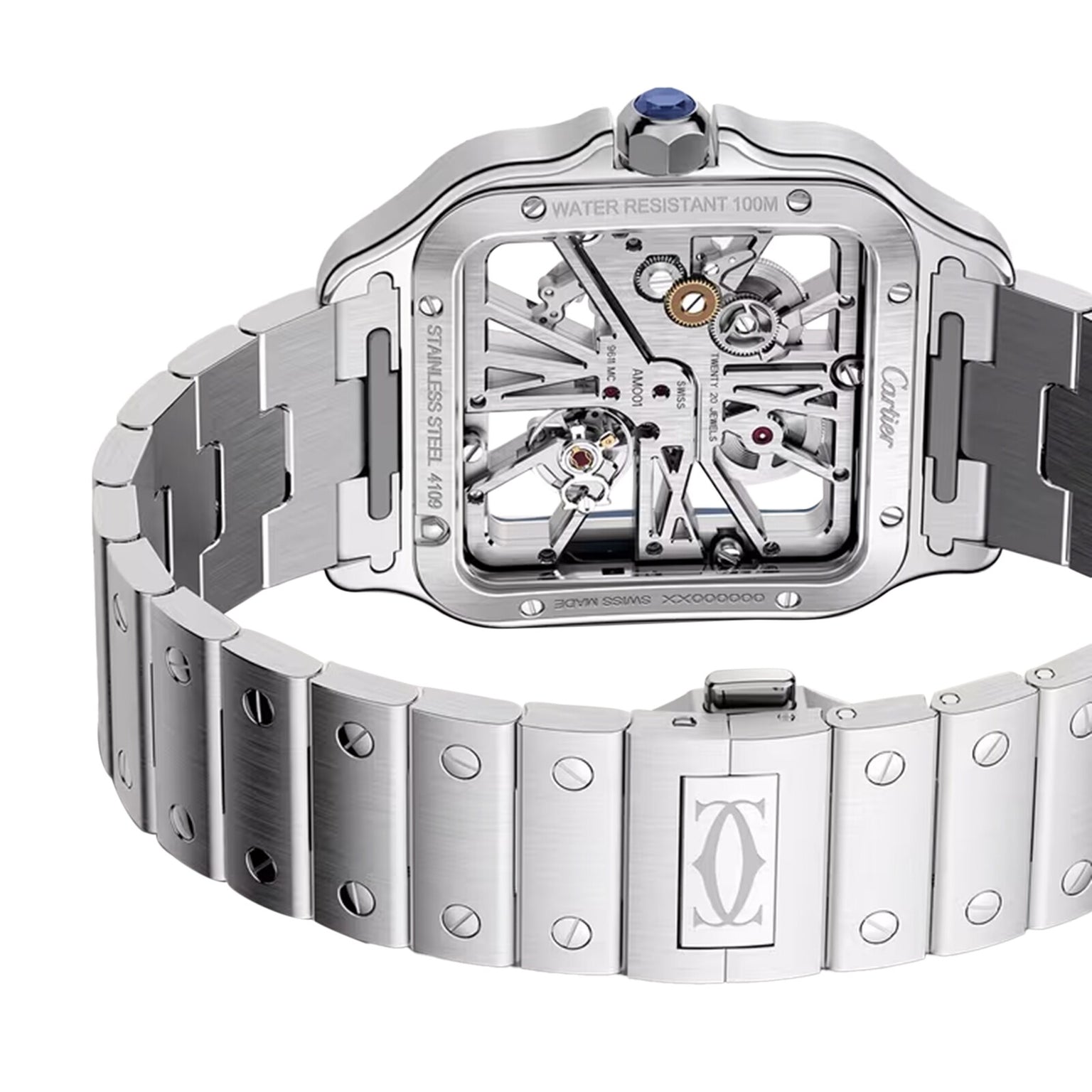 Rear view of the Santos de Cartier Skeleton watch by Cartier in stainless steel, displaying its openwork mechanical movement and engraved logo on the bracelet clasp.