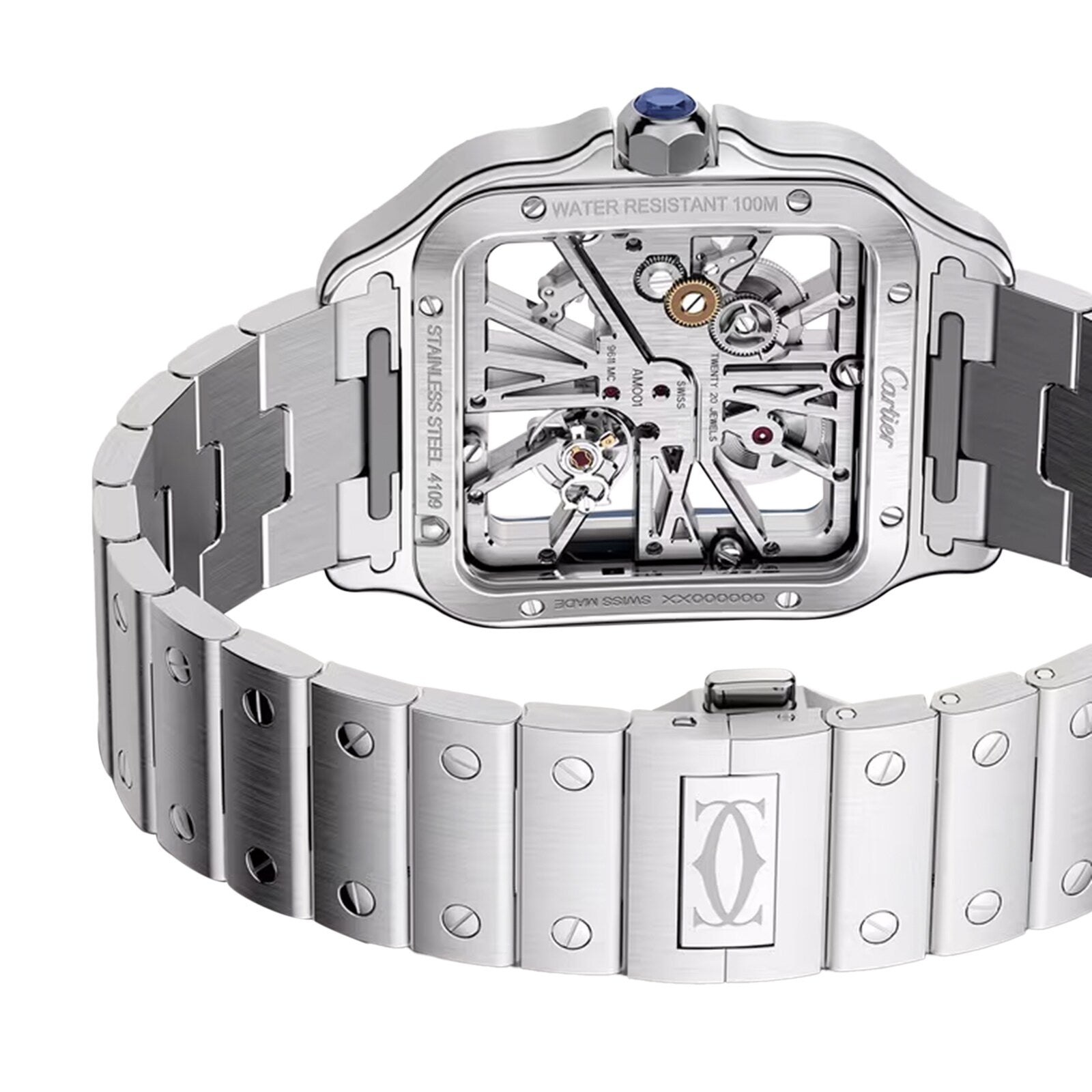 Rear view of the Santos de Cartier Skeleton watch by Cartier in stainless steel, displaying its openwork mechanical movement and engraved logo on the bracelet clasp.