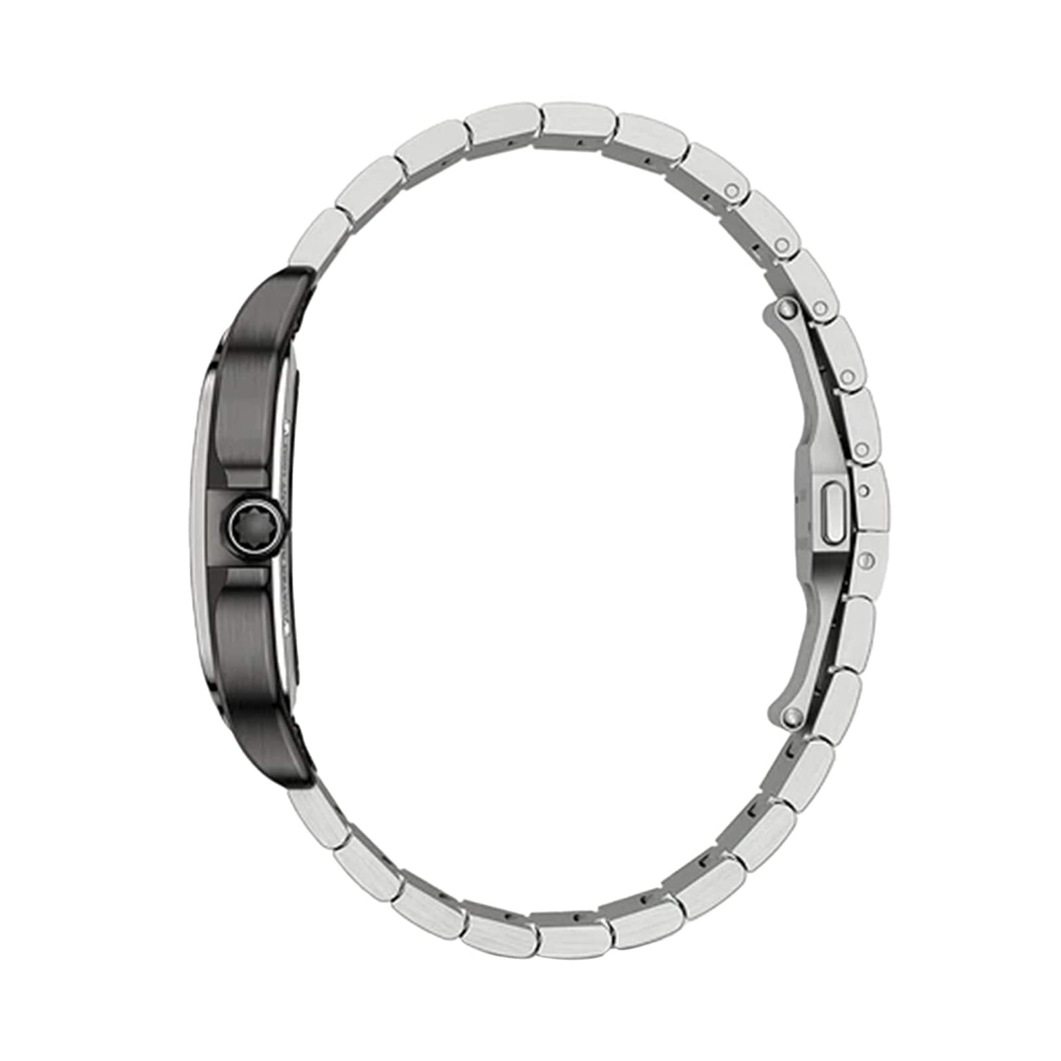 Side view of the Santos de Cartier Skeleton by Cartier in silver metal, highlighting its thin profile, visible crown and clasp, and linked bracelet against a white background.
