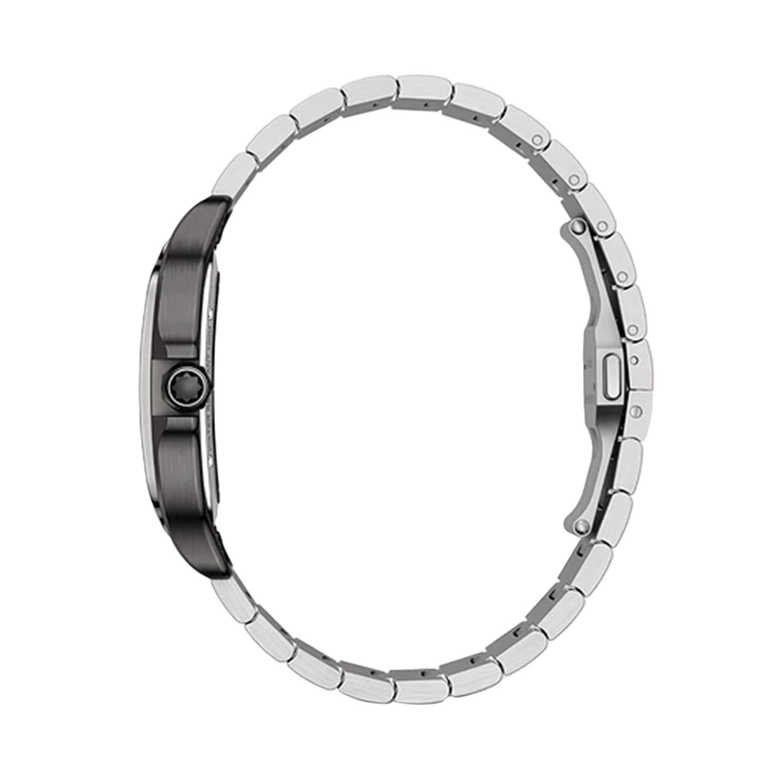 Side view of the Santos de Cartier Skeleton by Cartier in silver metal, highlighting its thin profile, visible crown and clasp, and linked bracelet against a white background.