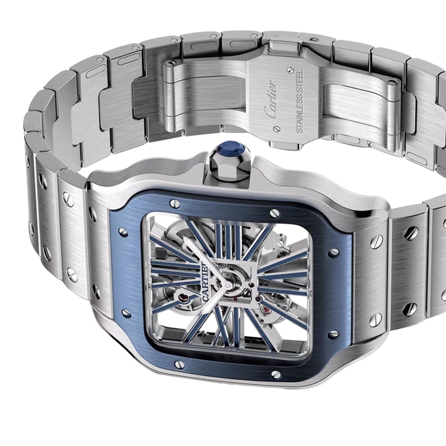 The Cartier Santos de Cartier Skeleton, a stainless steel watch with a square blue bezel, visible skeletonized movement, and metal bracelet, is displayed at an angle.