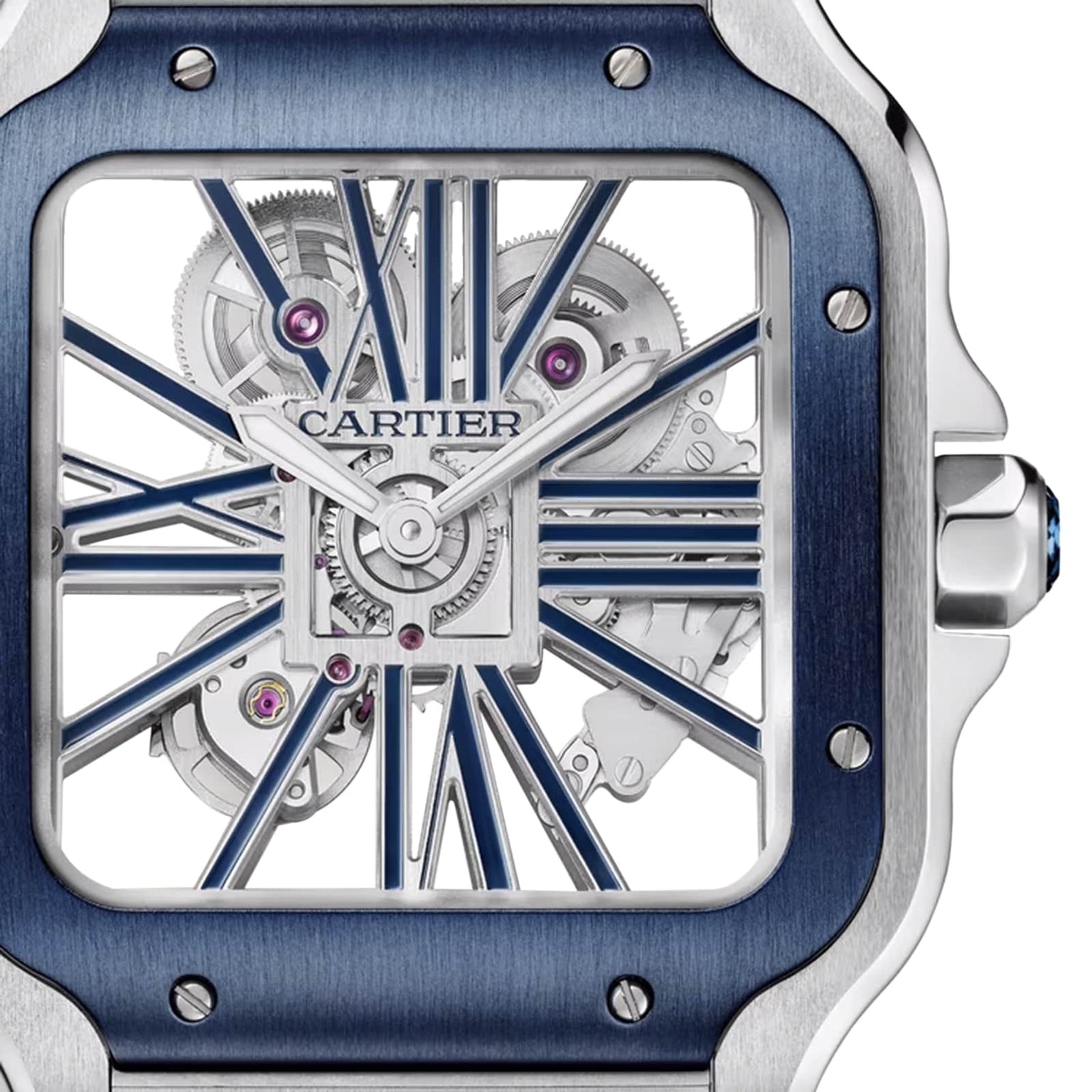 Close-up of the Santos de Cartier Skeleton watch by Cartier, featuring a square face, visible mechanical movement, blue Roman numerals, and a blue-silver bezel.
