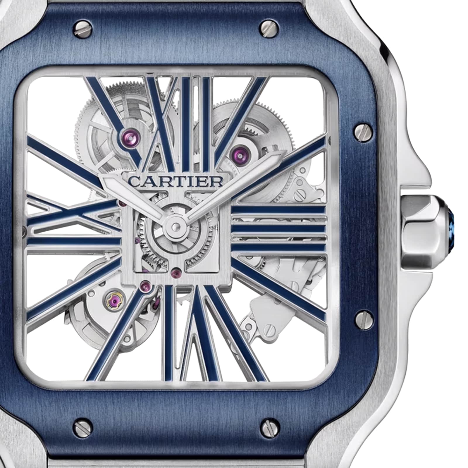 Close-up of the Santos de Cartier Skeleton watch by Cartier, featuring a square face, visible mechanical movement, blue Roman numerals, and a blue-silver bezel.