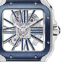 Close-up of the Santos de Cartier Skeleton watch by Cartier, featuring a square face, visible mechanical movement, blue Roman numerals, and a blue-silver bezel.