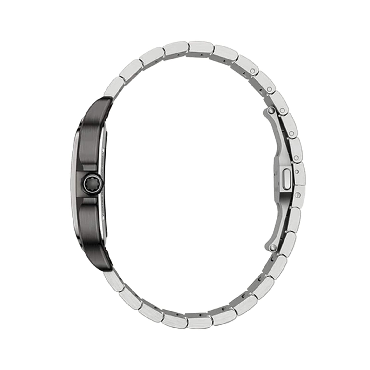 Side view of the Santos de Cartier Skeleton by Cartier—a silver metal wristwatch with a round case, visible crown, and linked bracelet clasp—photographed on a white background, showcasing minimalism and timeless elegance.