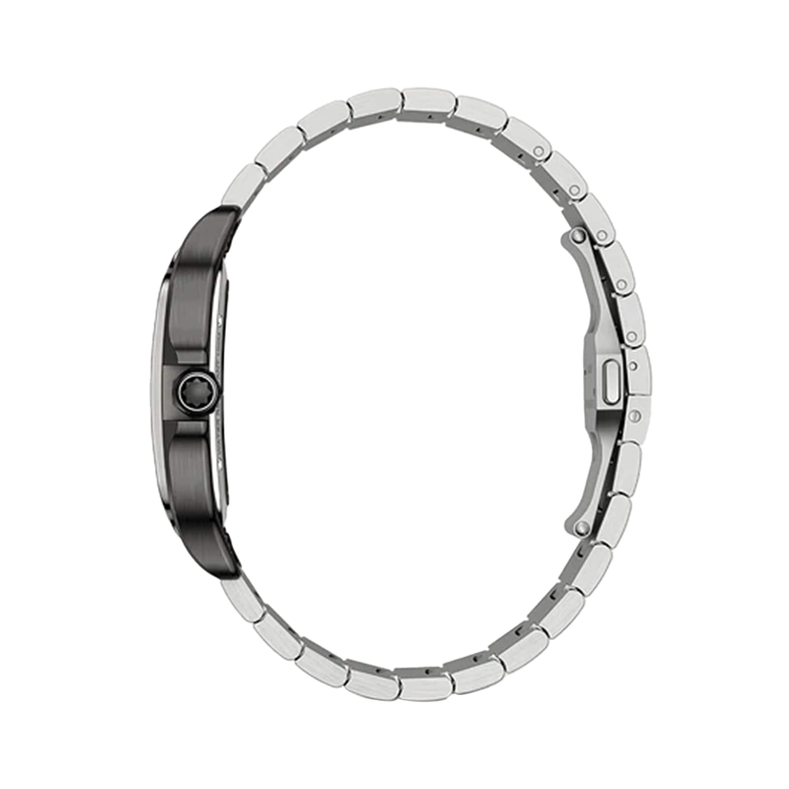 Side view of the Santos de Cartier Skeleton by Cartier—a silver metal wristwatch with a round case, visible crown, and linked bracelet clasp—photographed on a white background, showcasing minimalism and timeless elegance.