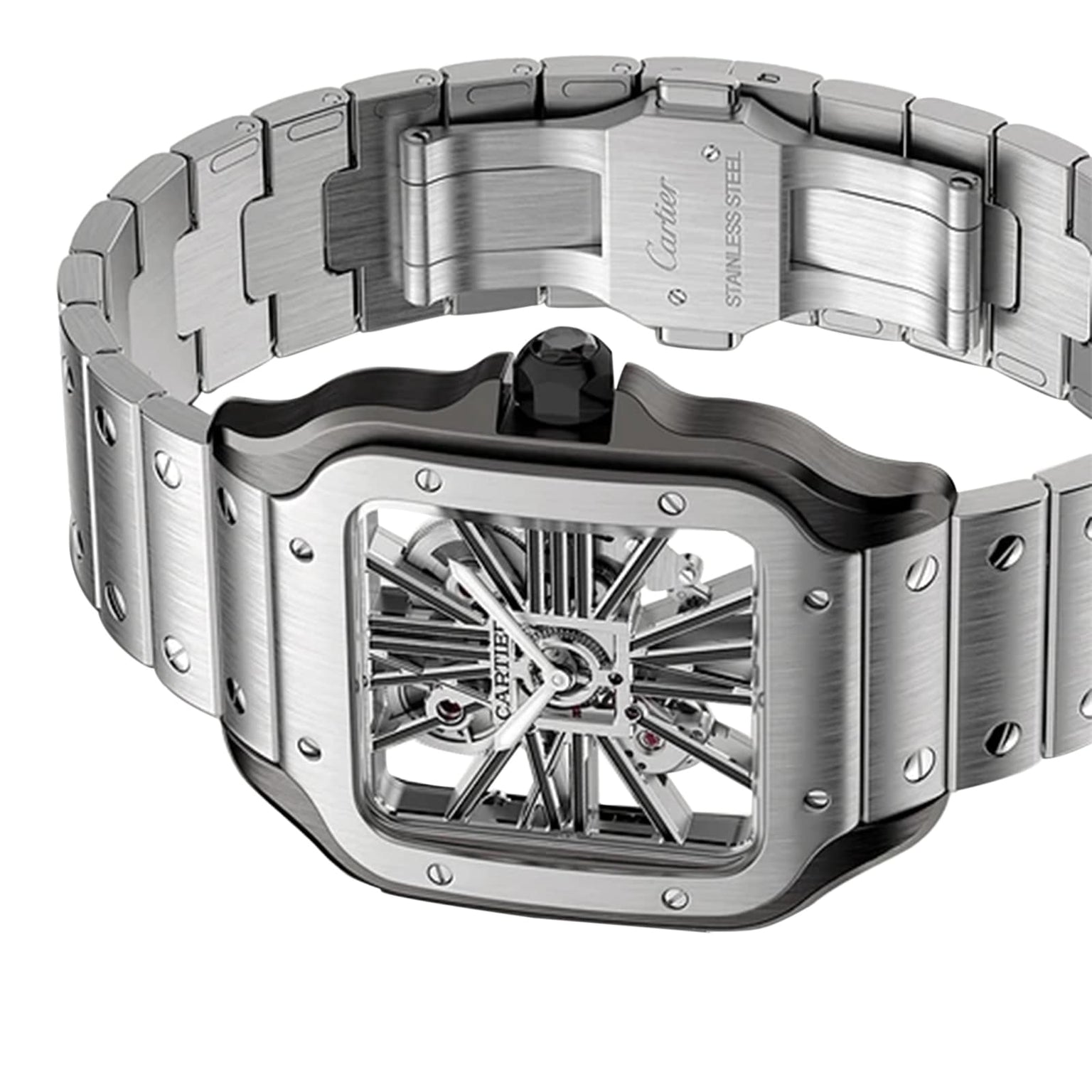 The Cartier Santos de Cartier Skeleton watch features an openwork dial, angular case, and visible gears for an elegant look, shown here with its stainless steel bracelet unclasped.