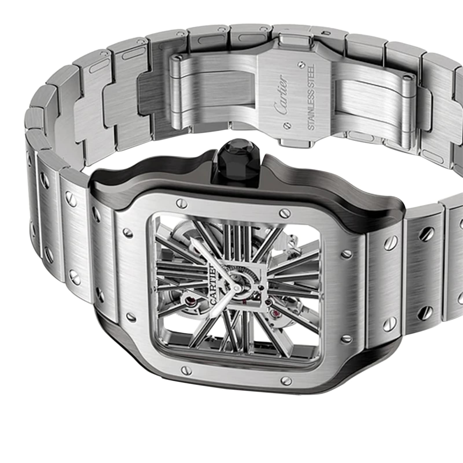 The Cartier Santos de Cartier Skeleton watch features an openwork dial, angular case, and visible gears for an elegant look, shown here with its stainless steel bracelet unclasped.