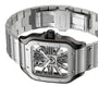 The Cartier Santos de Cartier Skeleton watch features an openwork dial, angular case, and visible gears for an elegant look, shown here with its stainless steel bracelet unclasped.