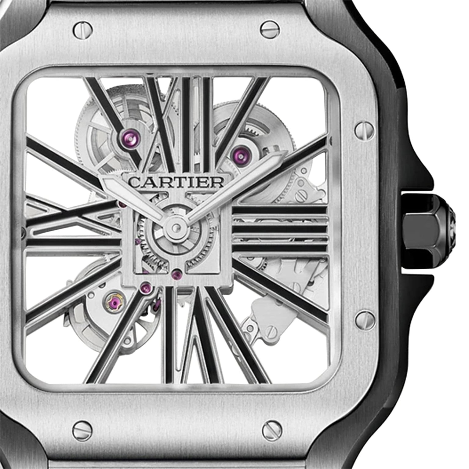 Close-up of the Santos de Cartier Skeleton watch by Cartier, featuring a square skeleton dial, visible gears, and black Roman numerals that highlight minimalist elegance in its intricate design.
