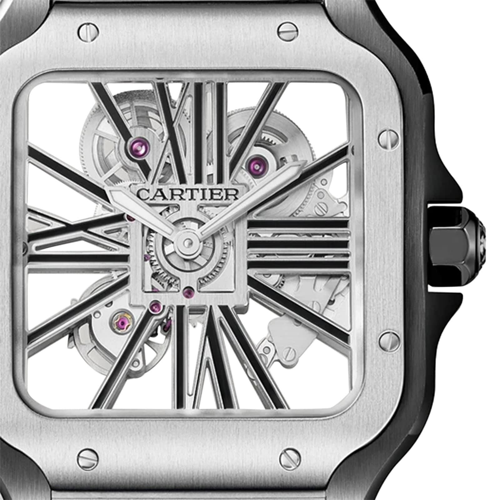 Close-up of the Santos de Cartier Skeleton watch by Cartier, featuring a square skeleton dial, visible gears, and black Roman numerals that highlight minimalist elegance in its intricate design.