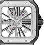 Close-up of the Santos de Cartier Skeleton watch by Cartier, featuring a square skeleton dial, visible gears, and black Roman numerals that highlight minimalist elegance in its intricate design.