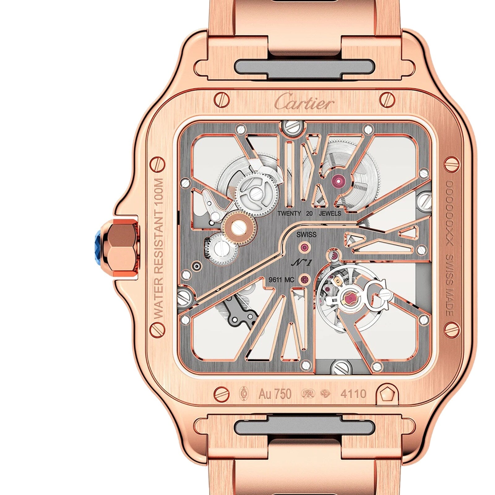 Close-up of a Santos de Cartier Skeleton watch by Cartier in rose gold, featuring an open skeleton dial that reveals detailed inner gears and mechanisms, along with markings for water resistance and gold purity.