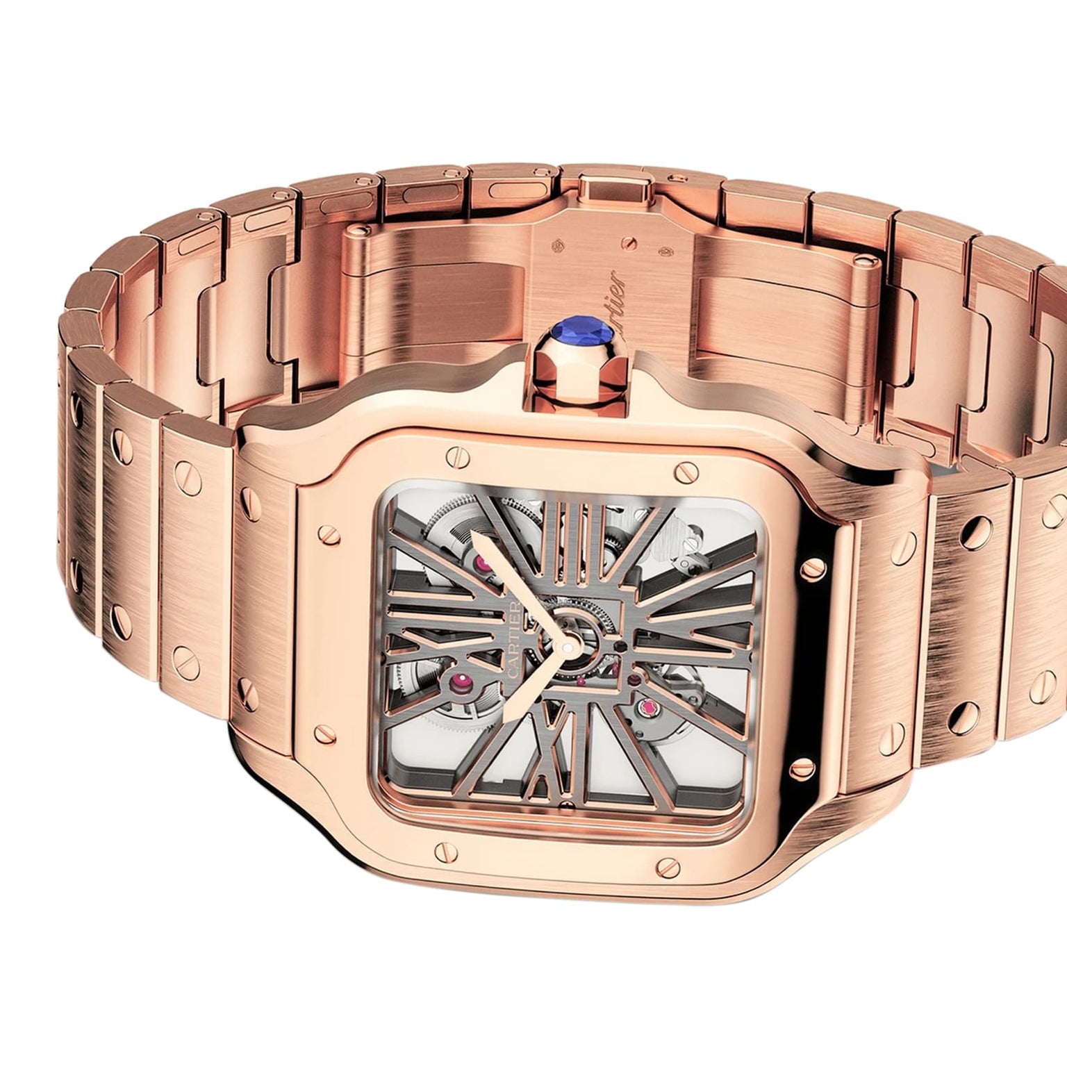 The Santos de Cartier Skeleton by Cartier features a rose gold square case, skeleton dial showcasing its mechanics, blue cabochon crown, metal bracelet, and a convenient SmartLink adjustment system.