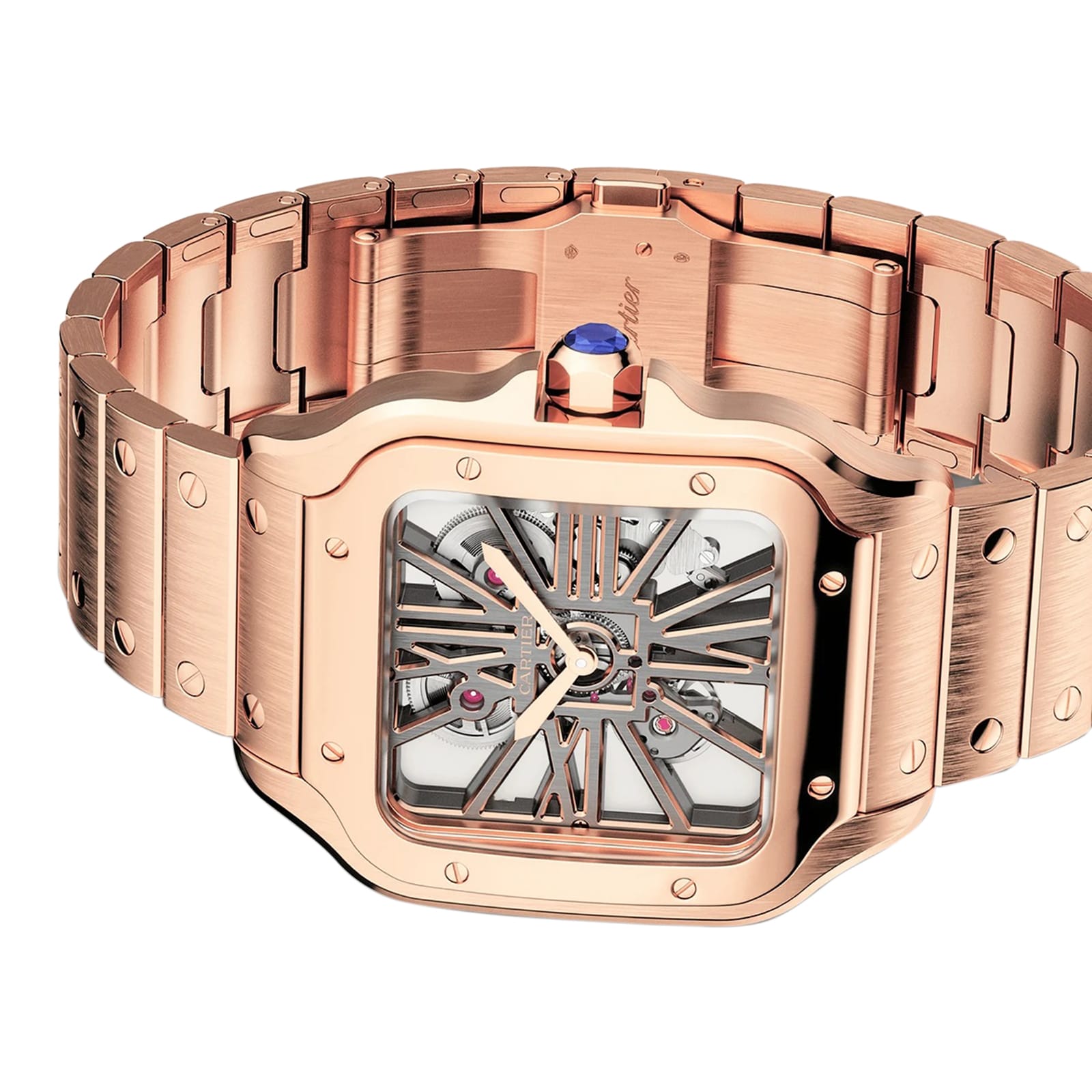 The Santos de Cartier Skeleton by Cartier features a rose gold square case, skeleton dial showcasing its mechanics, blue cabochon crown, metal bracelet, and a convenient SmartLink adjustment system.