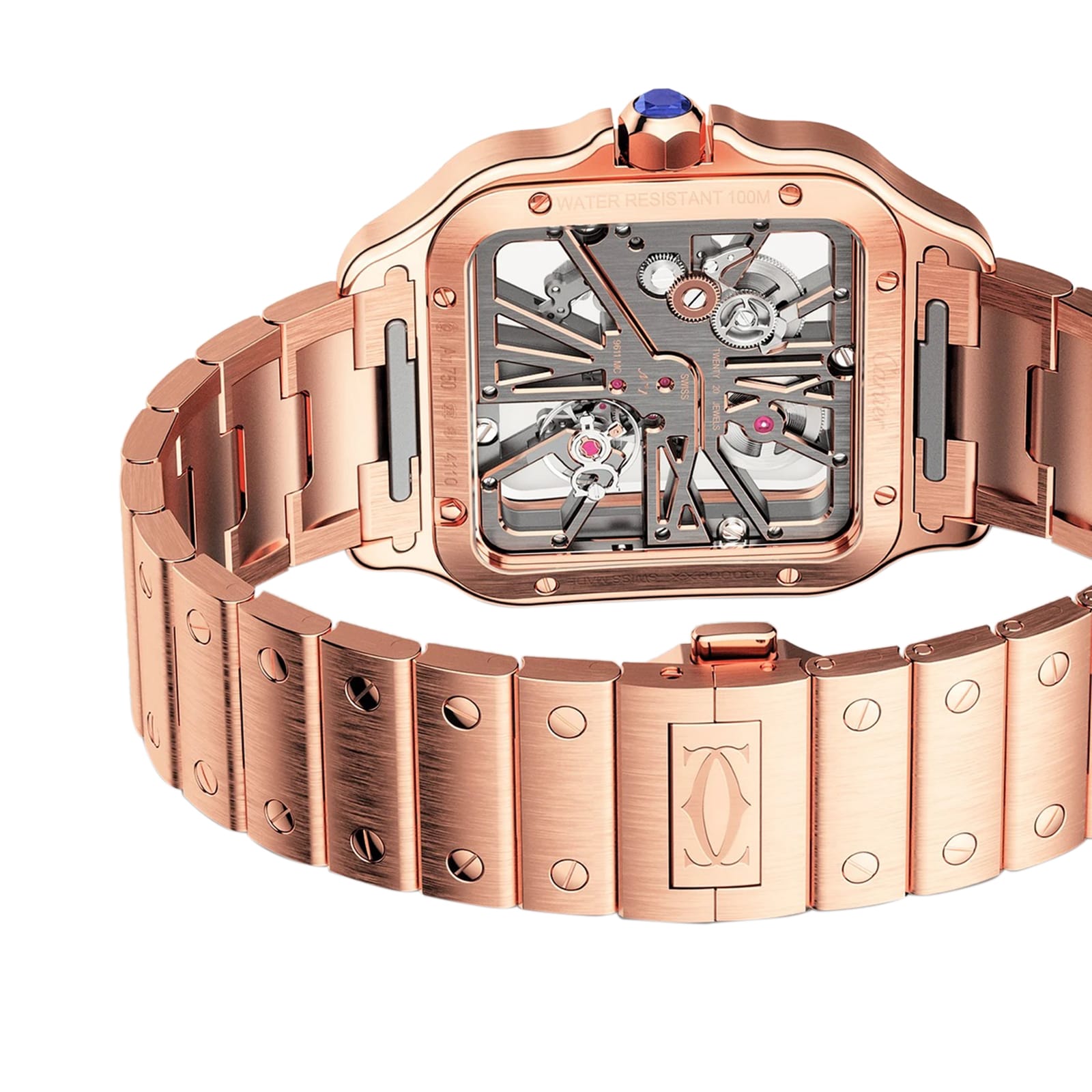 The Santos de Cartier Skeleton by Cartier features a rose gold rectangular case, skeleton dial with visible mechanics, matching metal bracelet with screw details, engraved clasp, and SmartLink adjustment system.