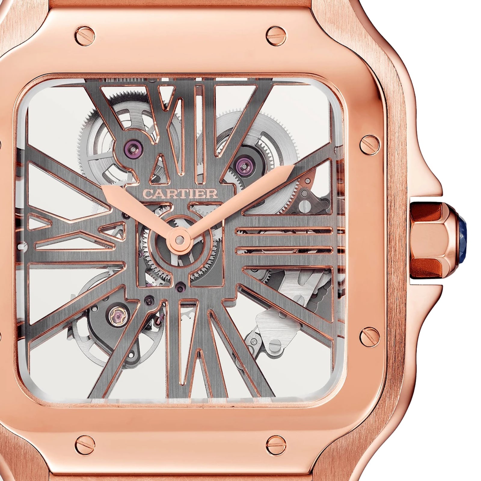 Close-up of the Santos de Cartier Skeleton watch by Cartier, featuring a rose gold case, visible gears, and Roman numeral hour markers seamlessly integrated into its openwork dial.