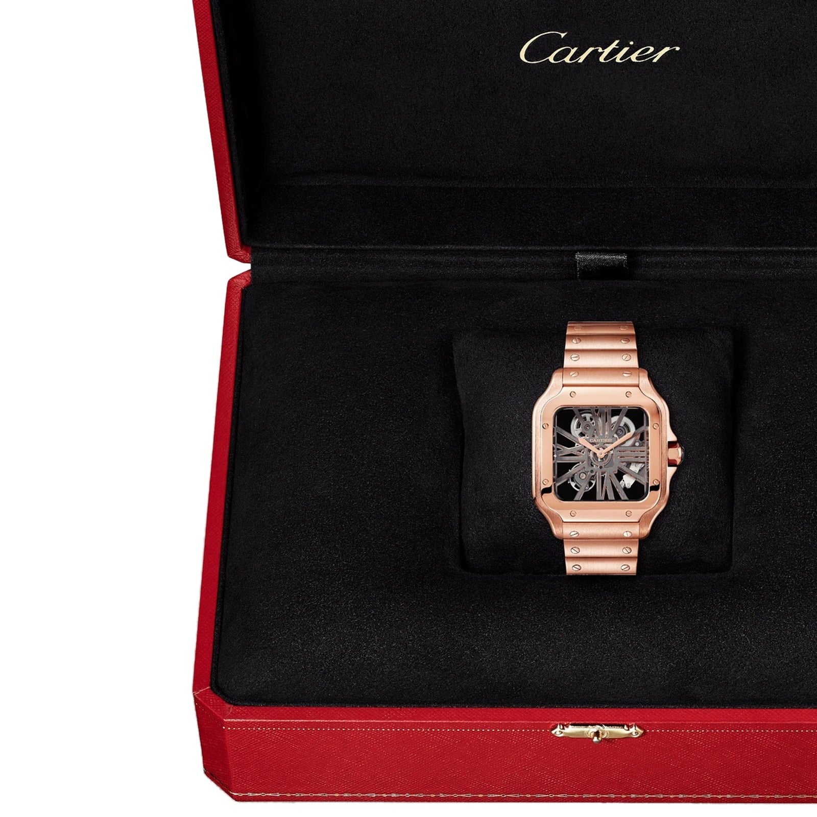 A Santos de Cartier Skeleton watch with a rose gold band and skeleton dial is shown inside an open red Cartier box featuring a black interior.