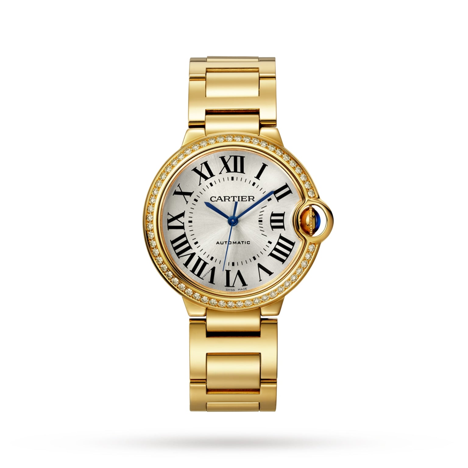 A Cartier Ballon Bleu de Cartier wristwatch, featuring a round face with Roman numerals, blue hands, diamond-set bezel, and yellow gold linked bracelet, is elegantly displayed on a white background.