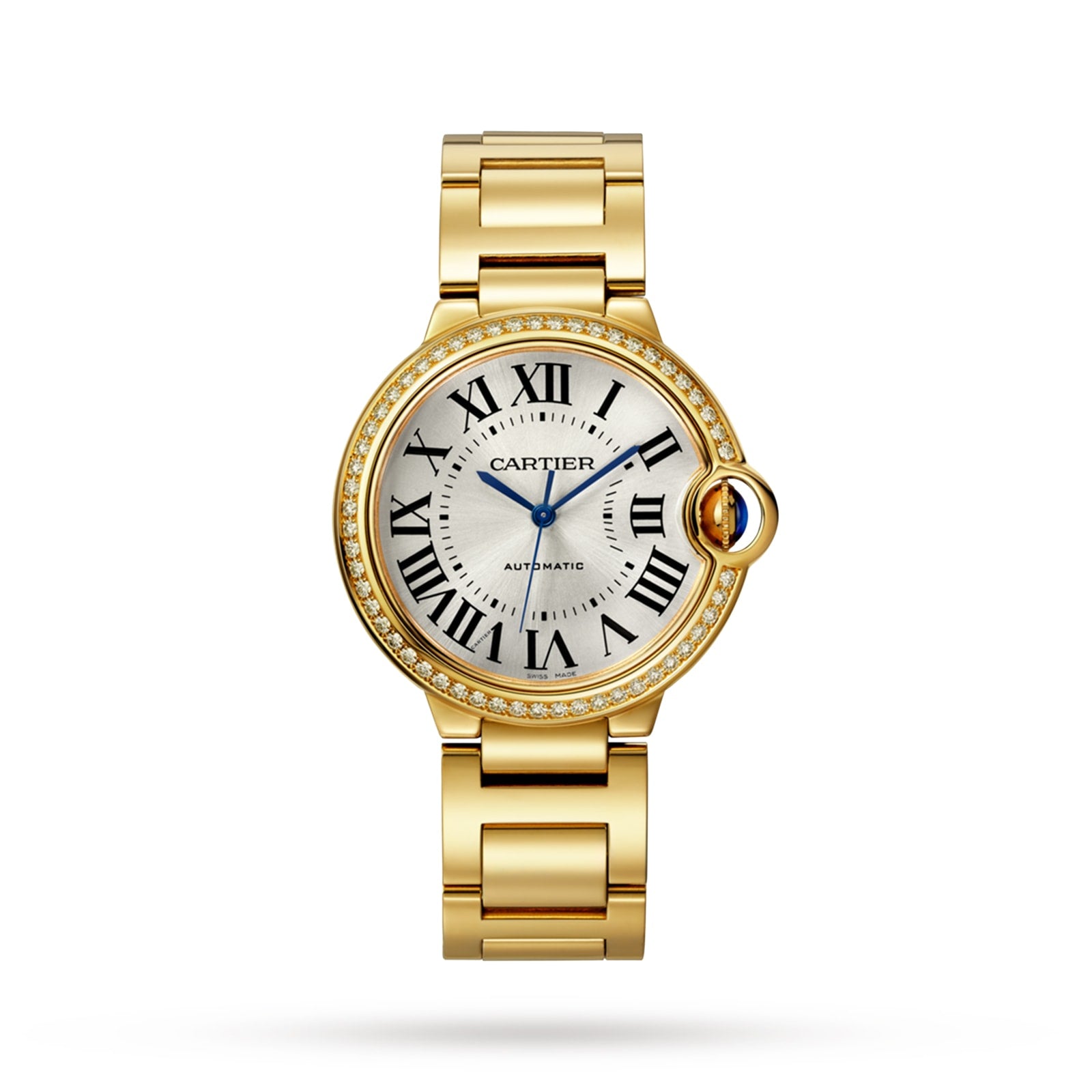 A Cartier Ballon Bleu de Cartier wristwatch, featuring a round face with Roman numerals, blue hands, diamond-set bezel, and yellow gold linked bracelet, is elegantly displayed on a white background.