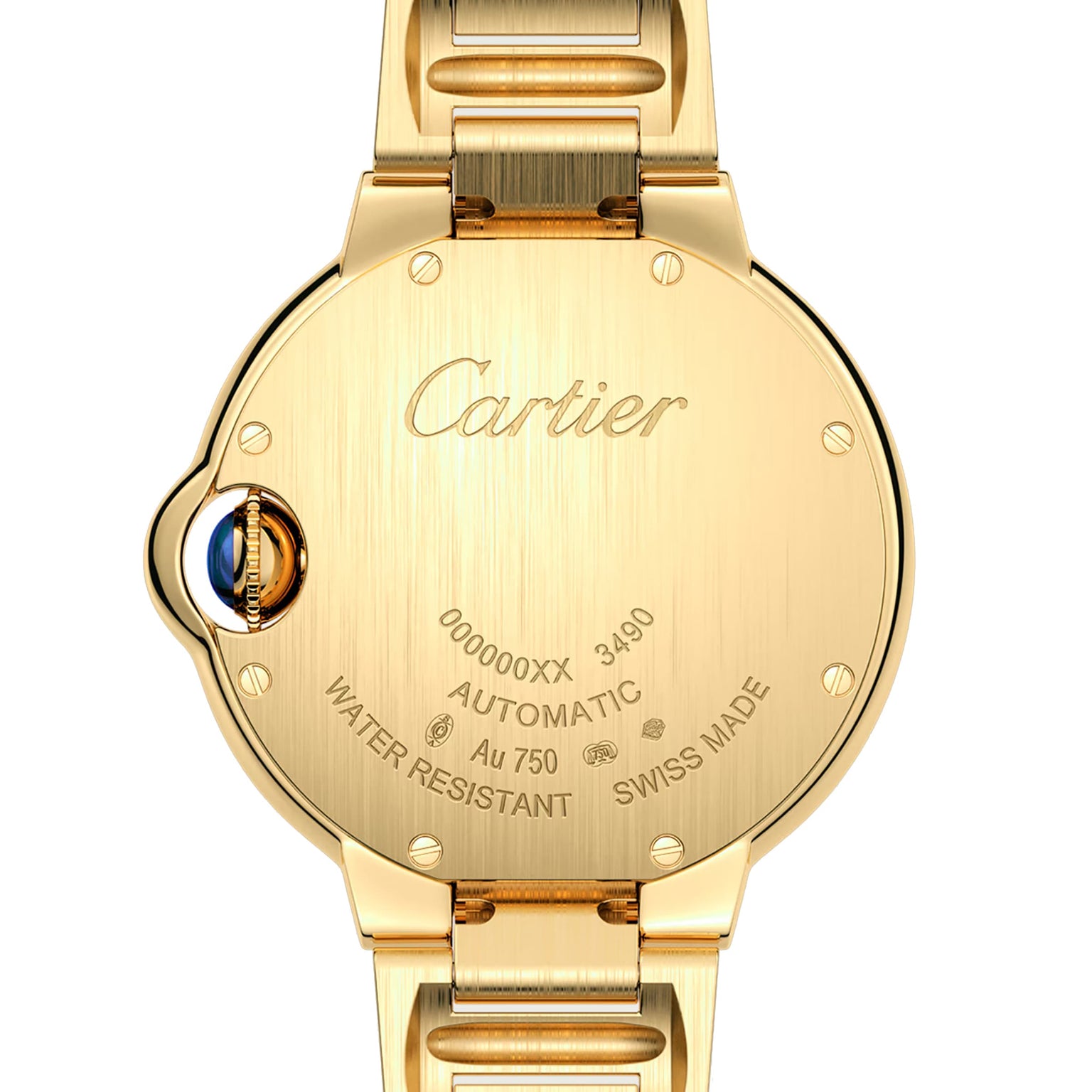 Back view of a yellow gold Ballon Bleu de Cartier watch displays engravings for Cartier, serial number, automatic movement, gold purity, water resistance, and Swiss origin. Select models include a diamond-set bezel.