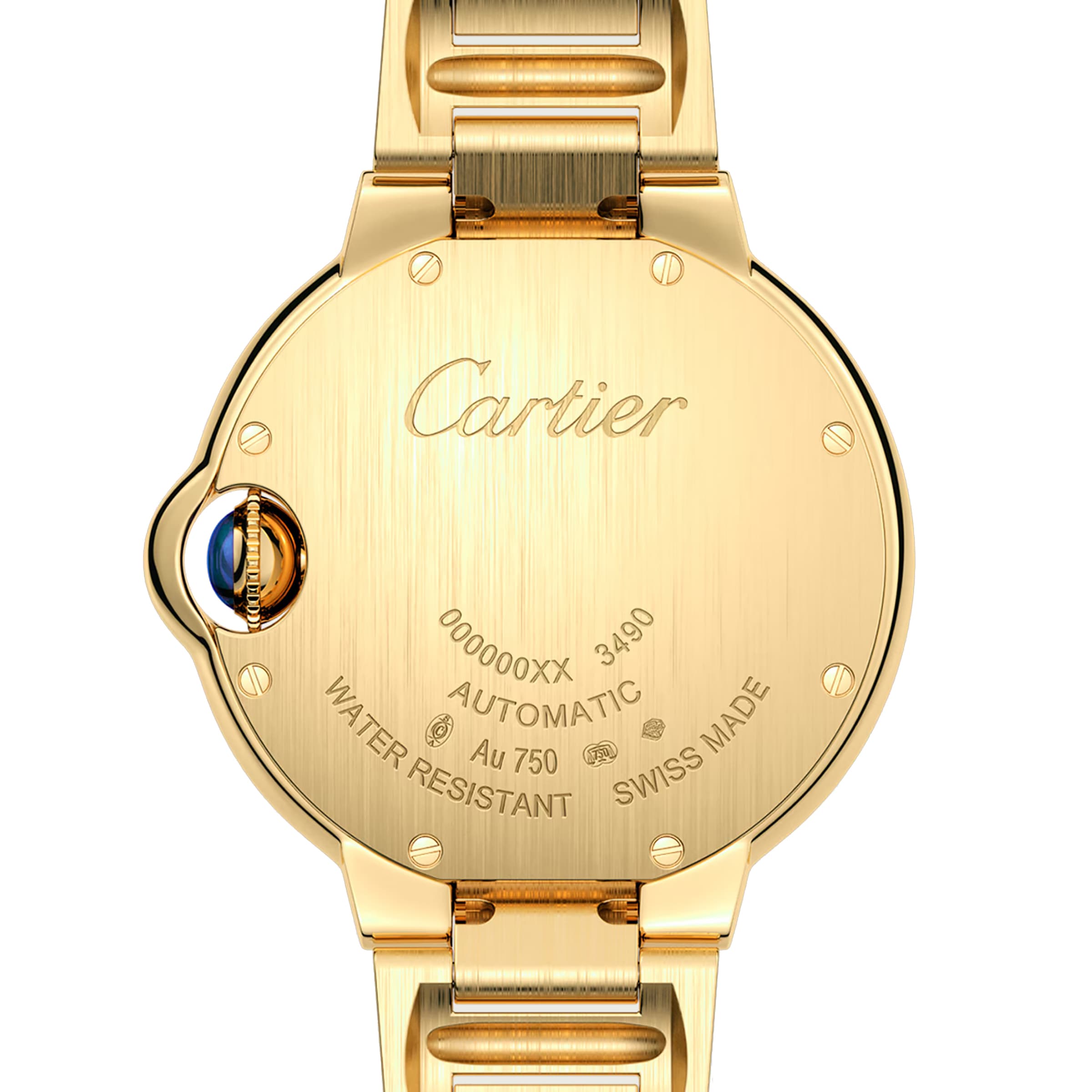 Back view of a yellow gold Ballon Bleu de Cartier watch displays engravings for Cartier, serial number, automatic movement, gold purity, water resistance, and Swiss origin. Select models include a diamond-set bezel.