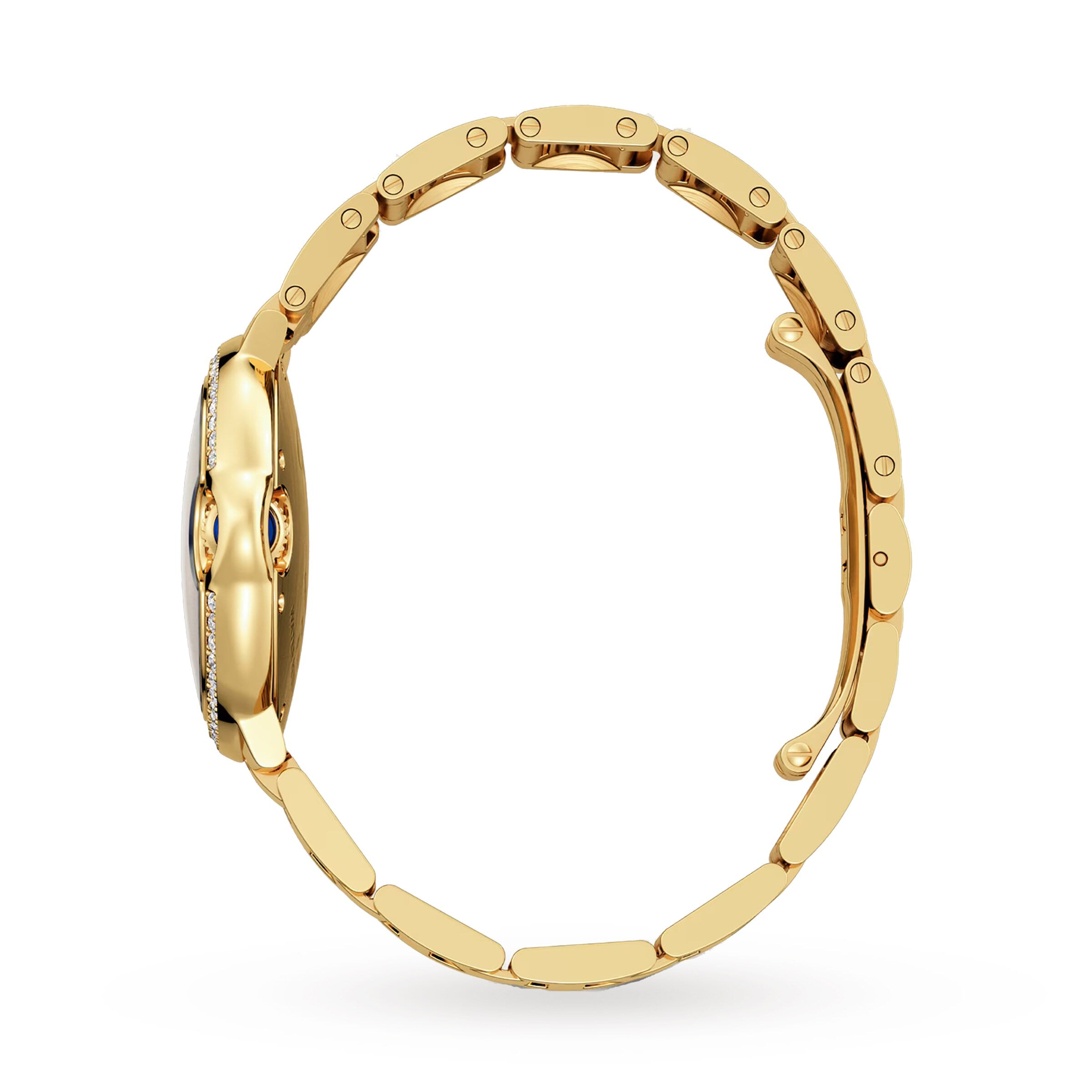 Side view of the Ballon Bleu de Cartier by Cartier, featuring a yellow gold metal link band with open clasp, highlighting its slim profile and elegant bracelet design.