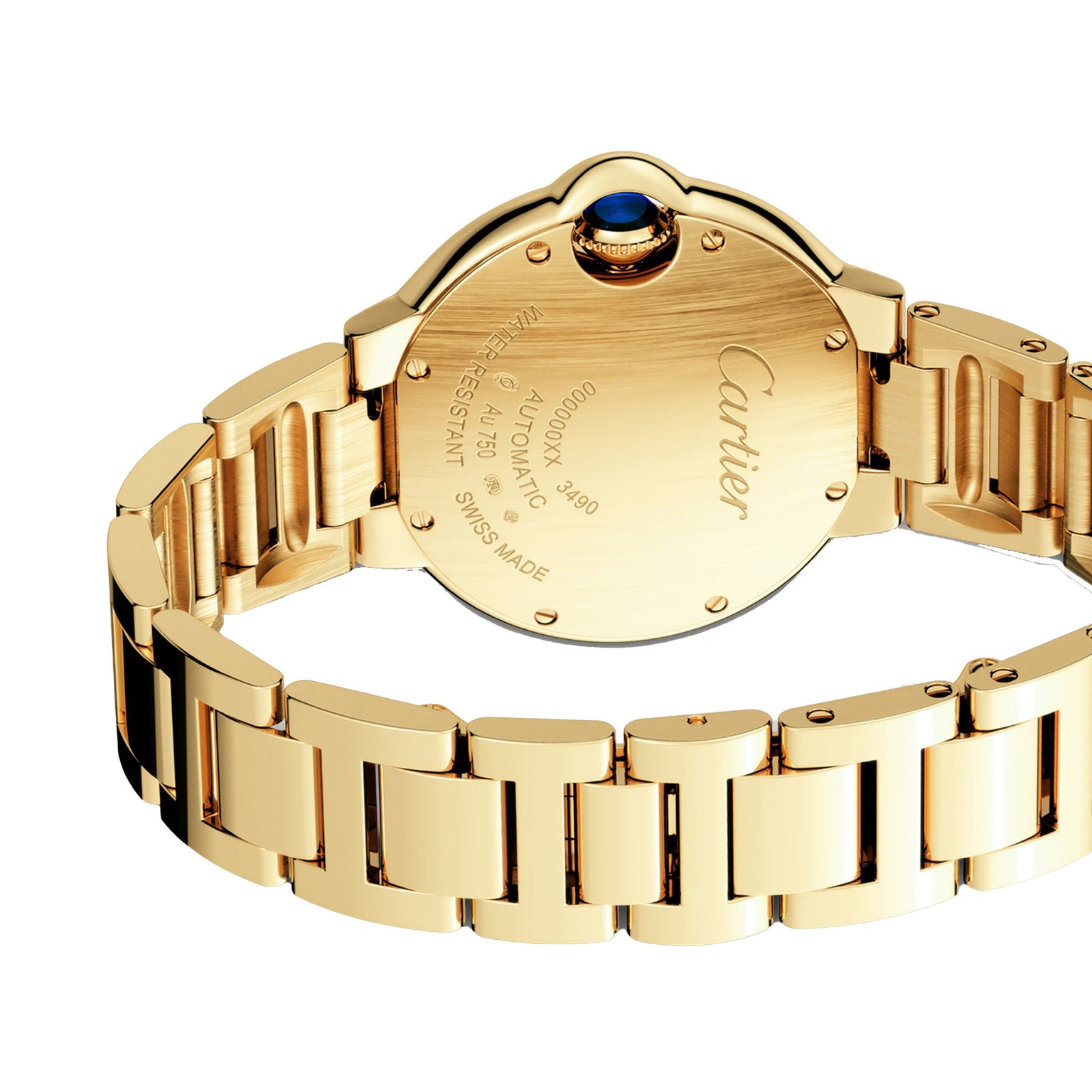Close-up of the Ballon Bleu de Cartier by Cartier, highlighting the engraved details on its yellow gold case back and the linked gold bracelet.