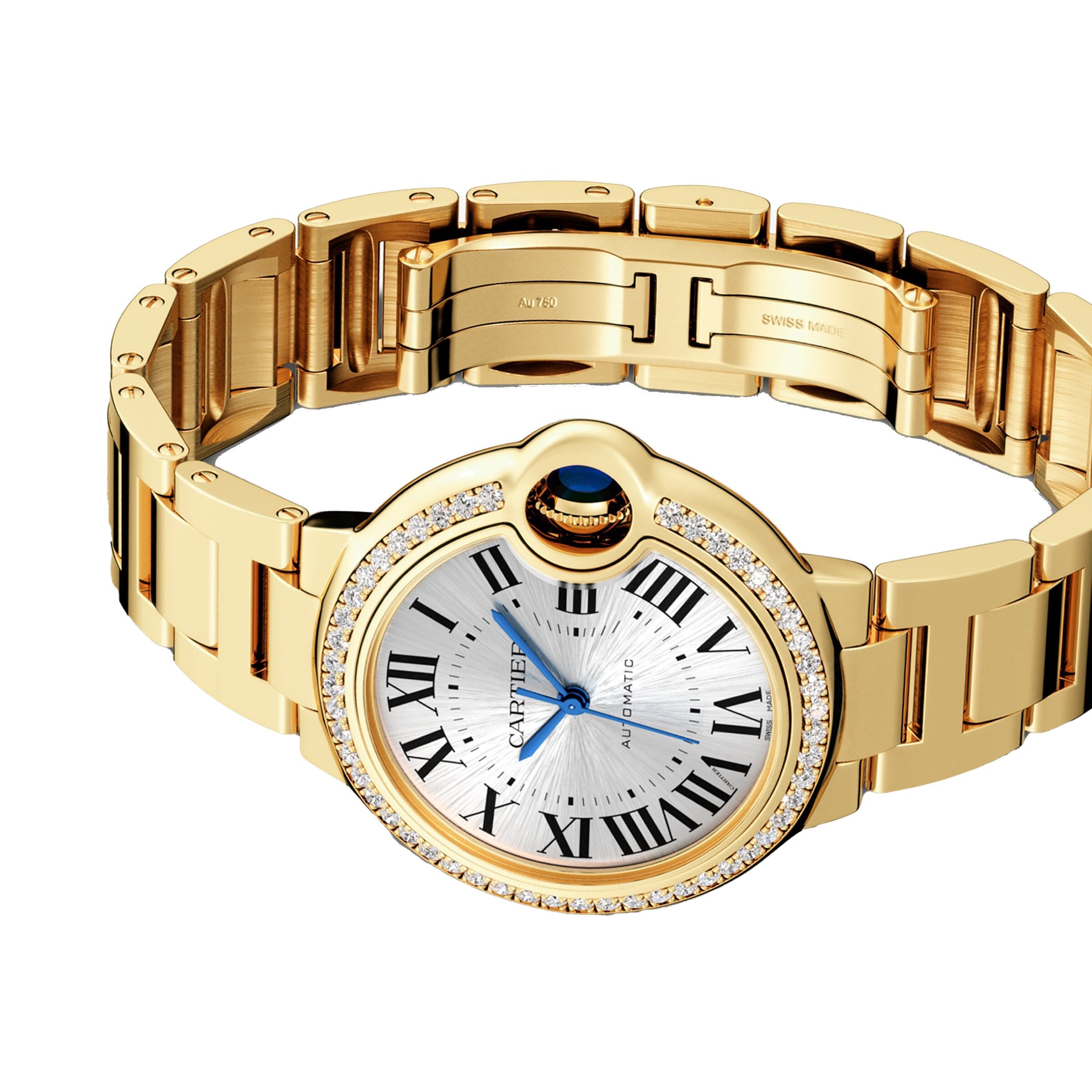 Ballon Bleu de Cartier by Cartier, in yellow gold with a round face, Roman numeral hour markers, diamond-set bezel, and blue cabochon crown, shown angled on a white background.