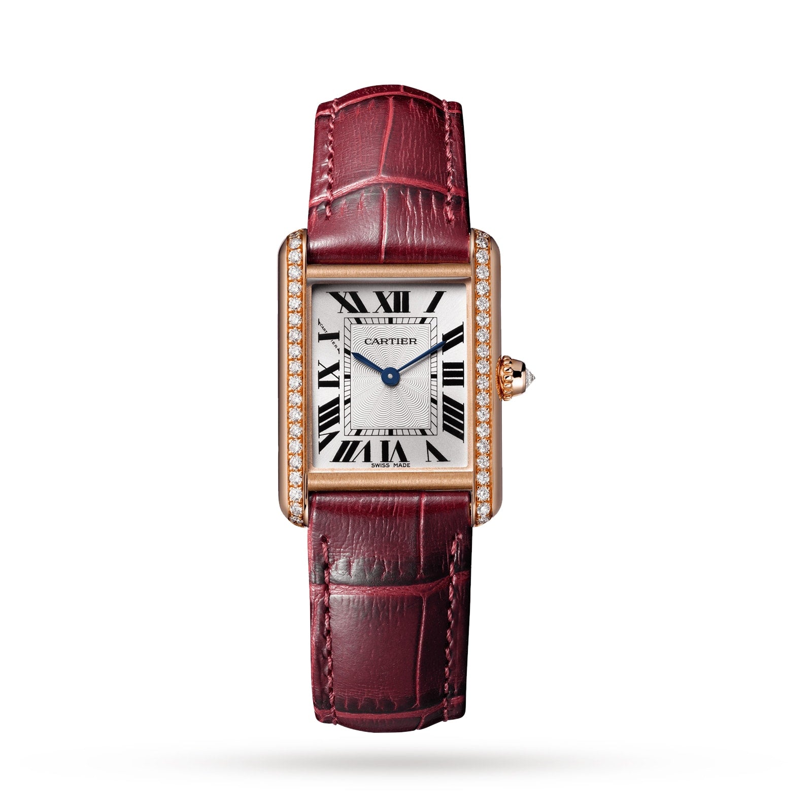The Cartier Tank Louis Cartier watch features a rectangular rose gold case, diamond bezel, white dial with Roman numerals, blue hands, and a burgundy leather strap.